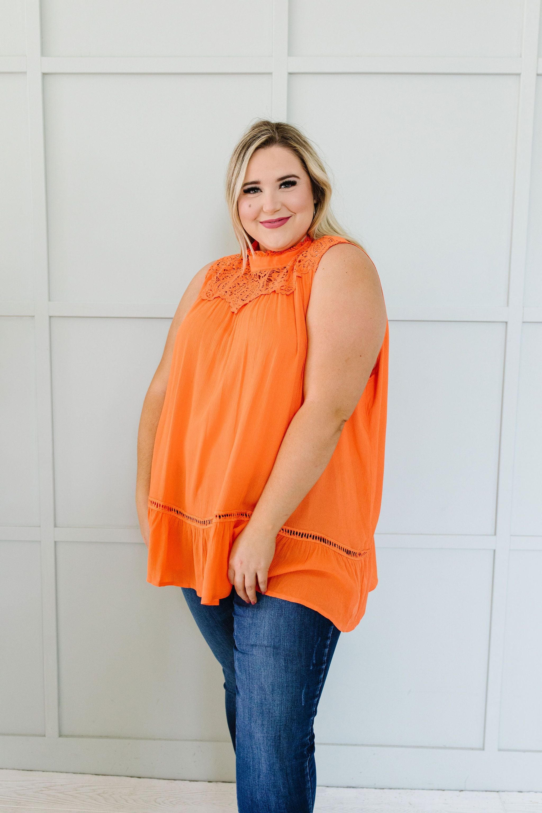 Victoria Lace Mock Neck Top In Orange