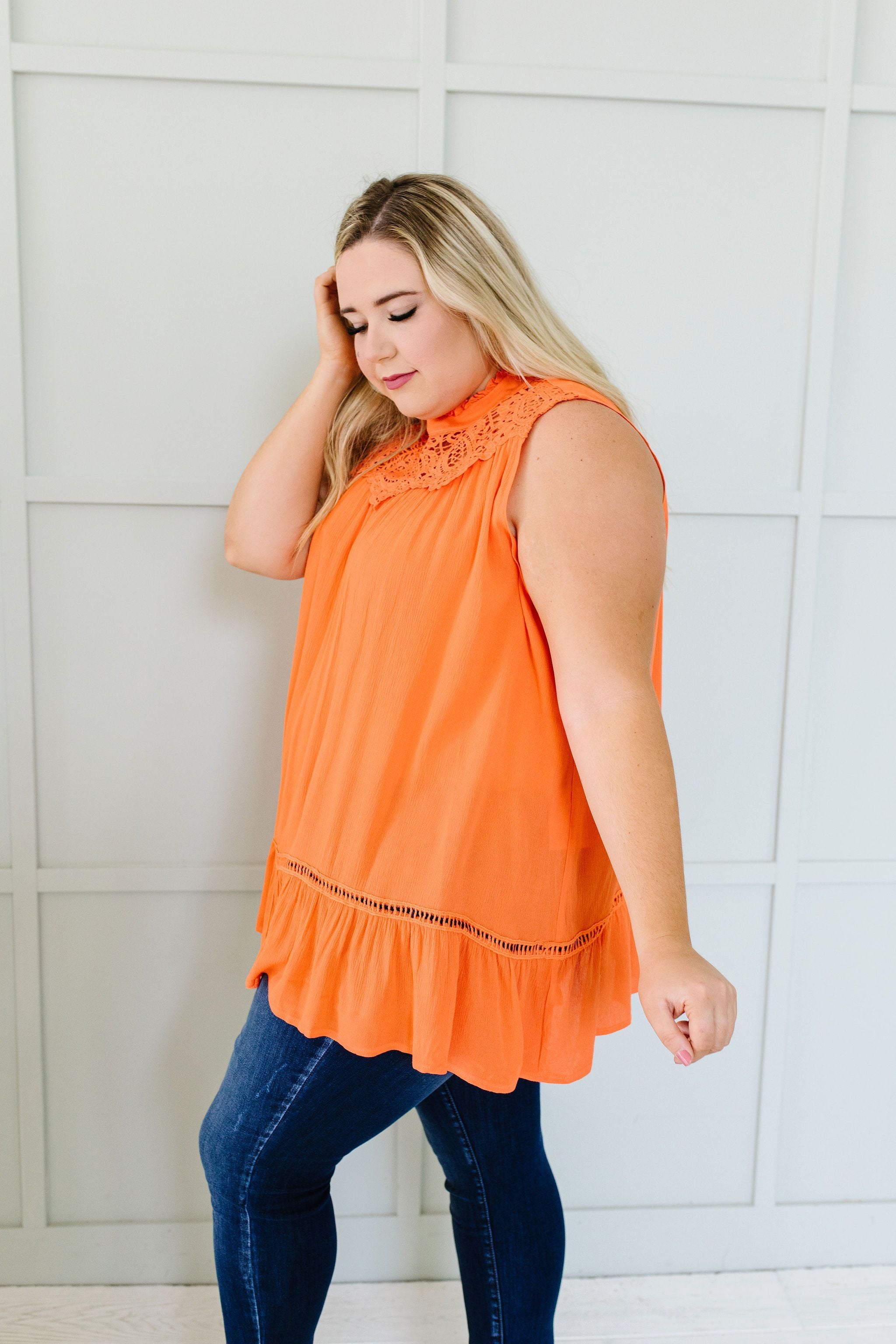 Victoria Lace Mock Neck Top In Orange
