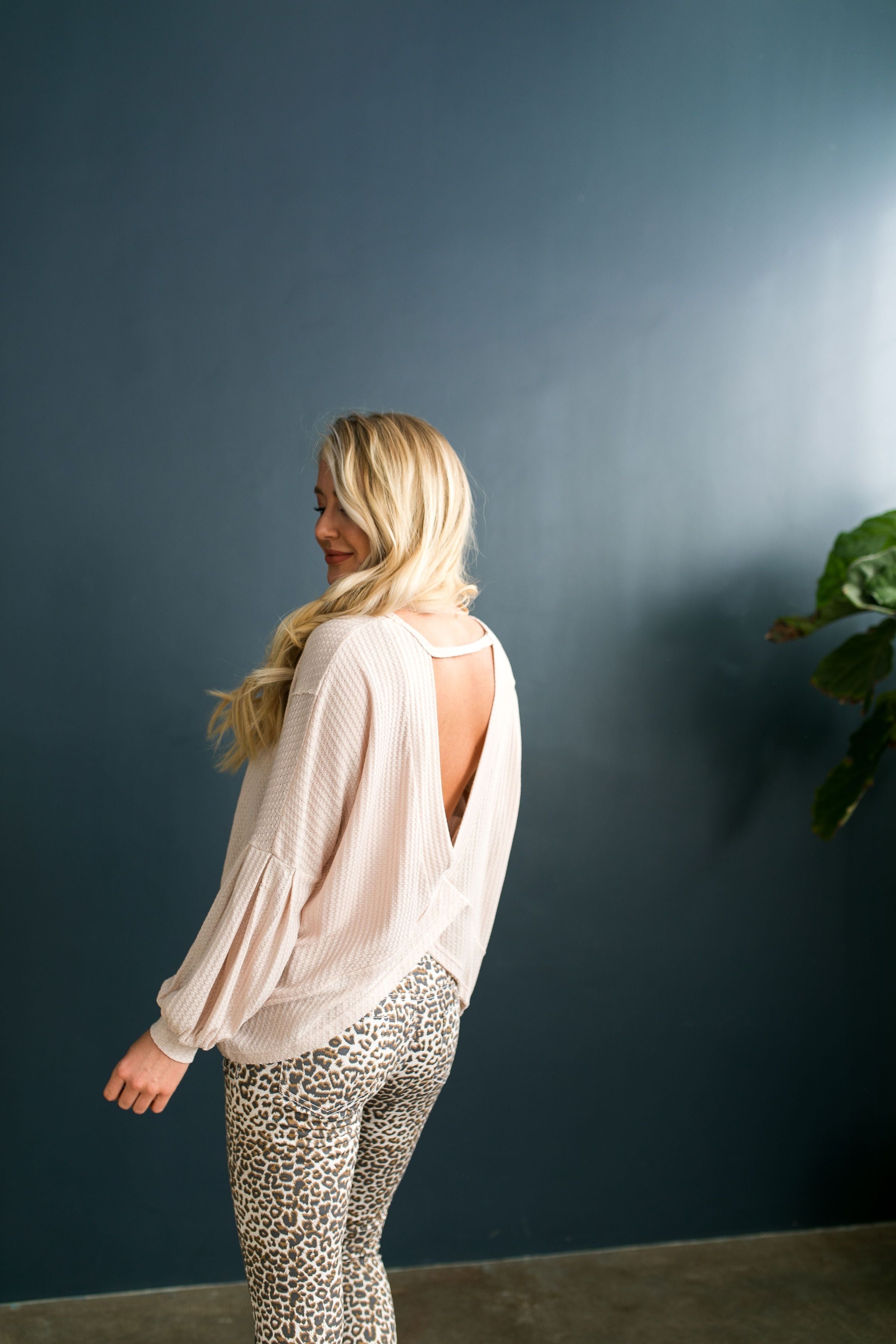 Waffle Knit Cross Back Top In Nude - ALL SALES FINAL