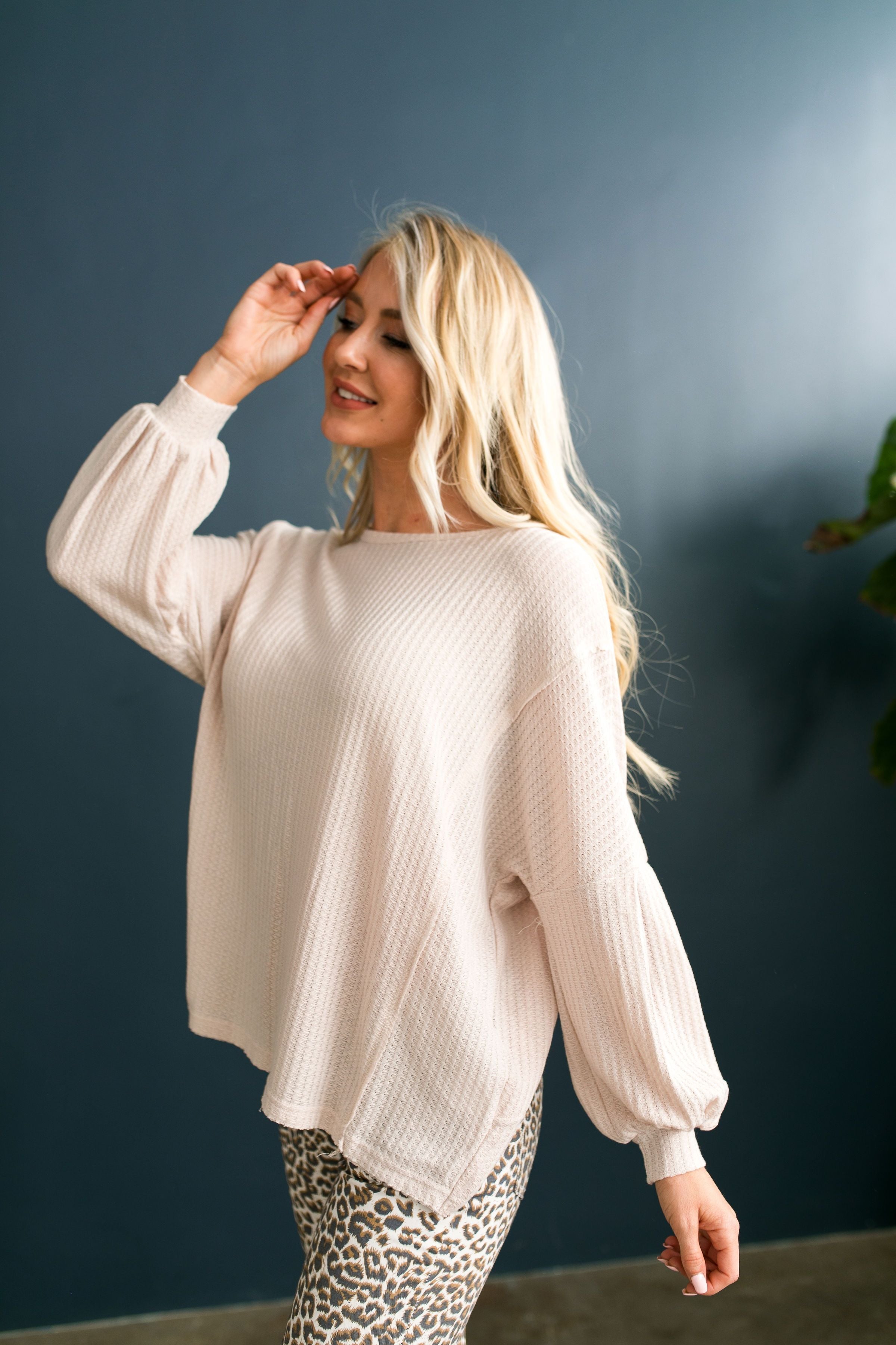 Waffle Knit Cross Back Top In Nude - ALL SALES FINAL