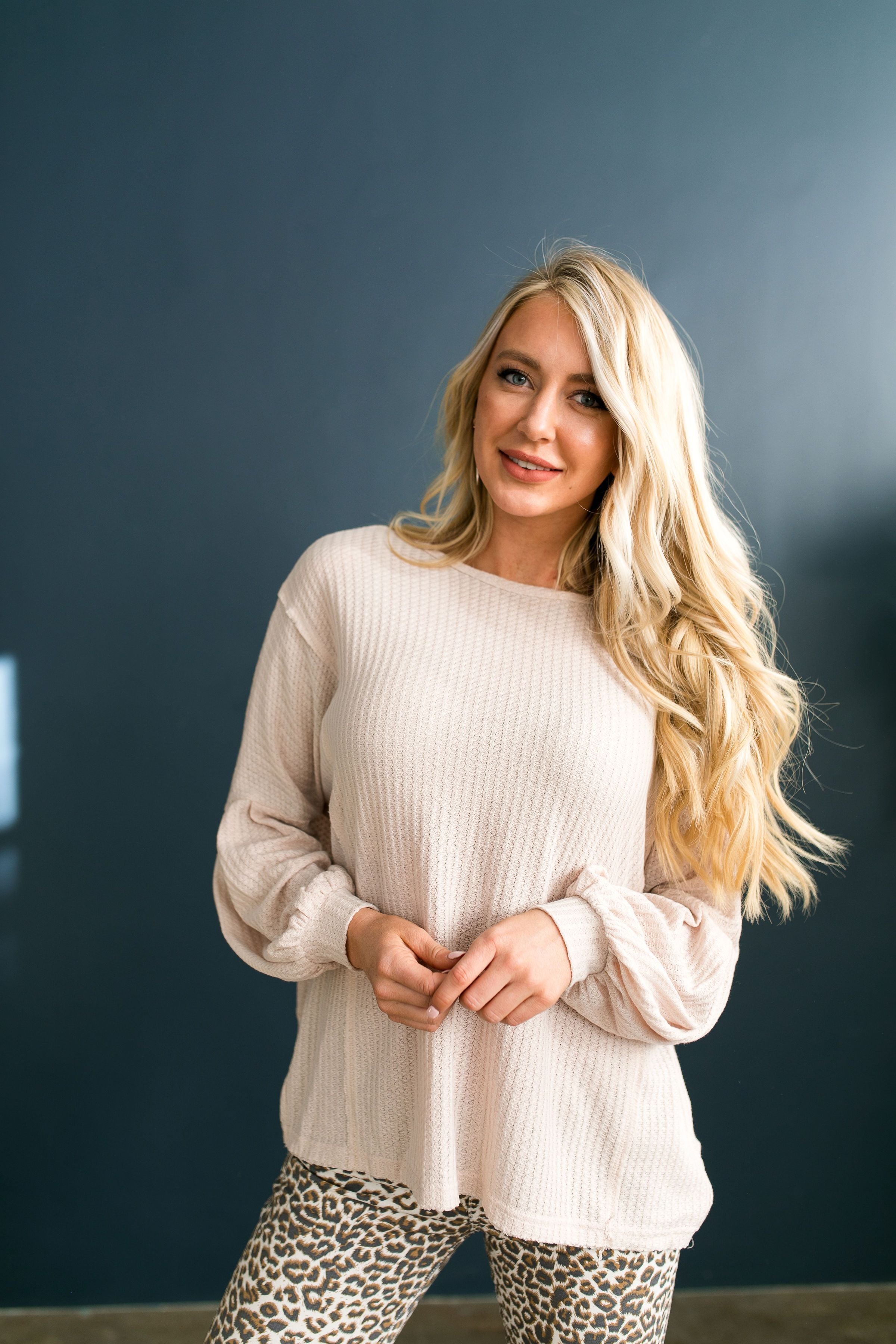 Waffle Knit Cross Back Top In Nude - ALL SALES FINAL