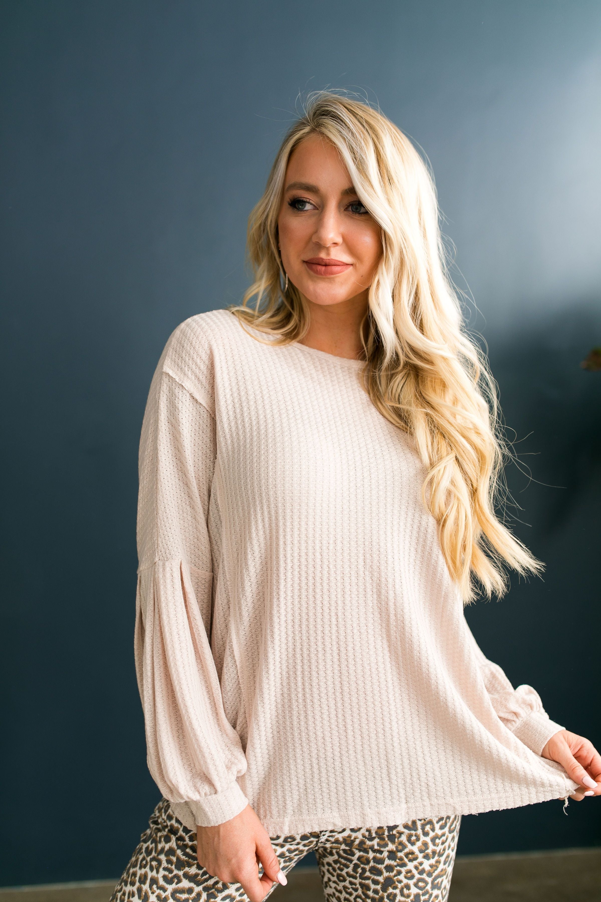 Waffle Knit Cross Back Top In Nude - ALL SALES FINAL