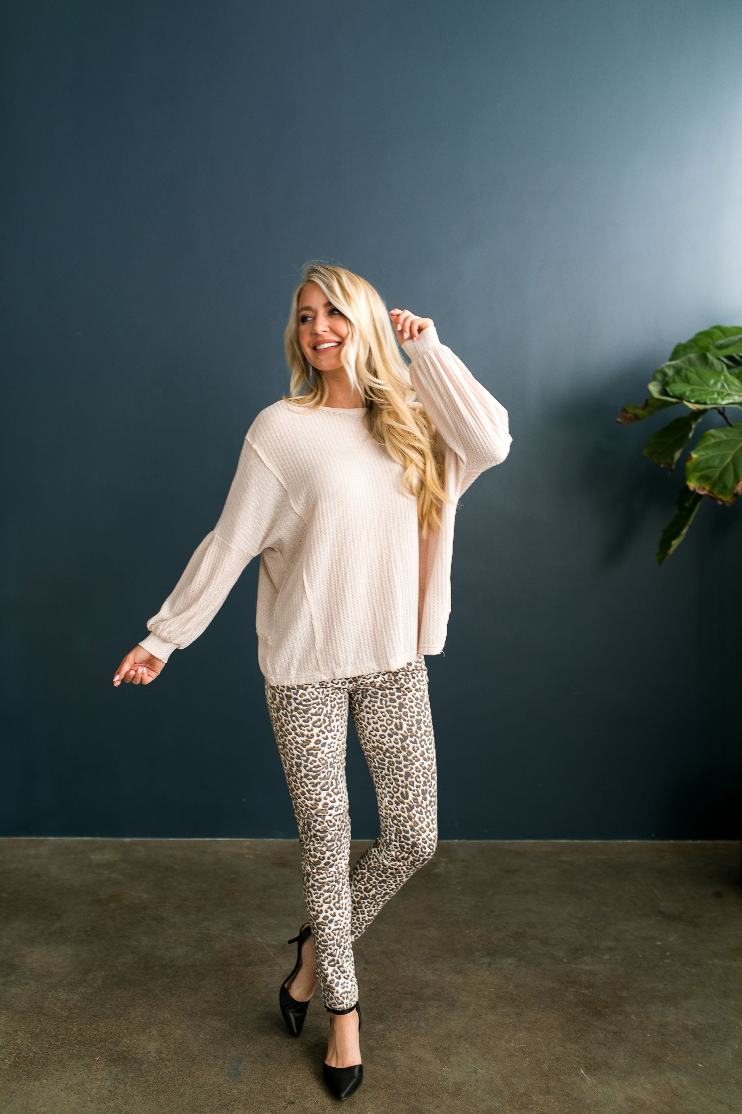 Waffle Knit Cross Back Top In Nude - ALL SALES FINAL