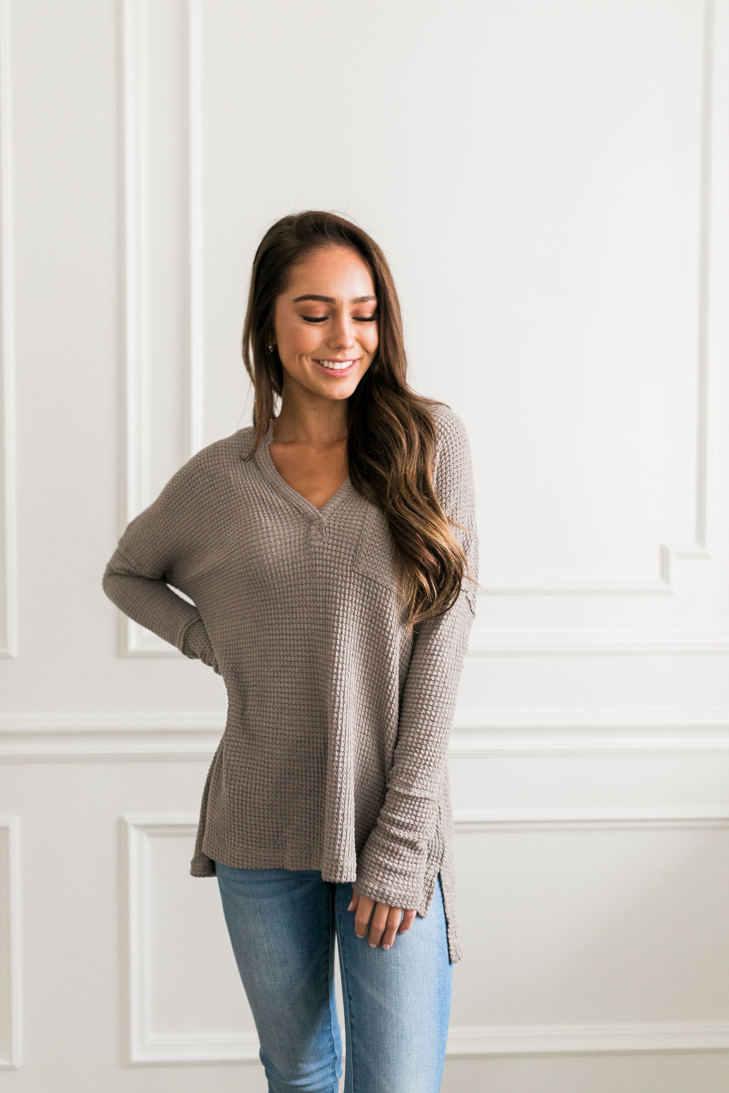 Waffle Knit V-Neck Tee In Mocha - ALL SALES FINAL