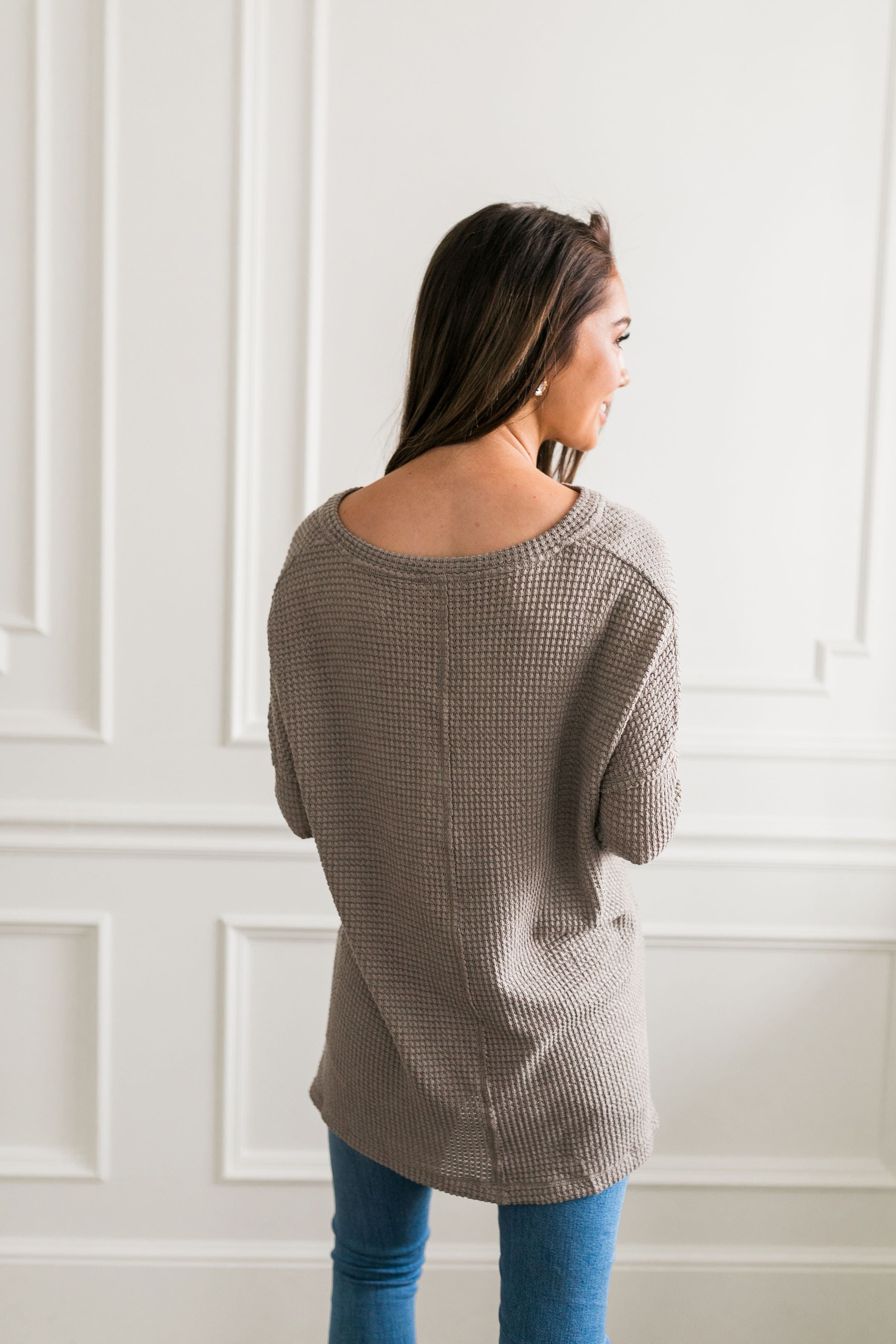 Waffle Knit V-Neck Tee In Mocha - ALL SALES FINAL