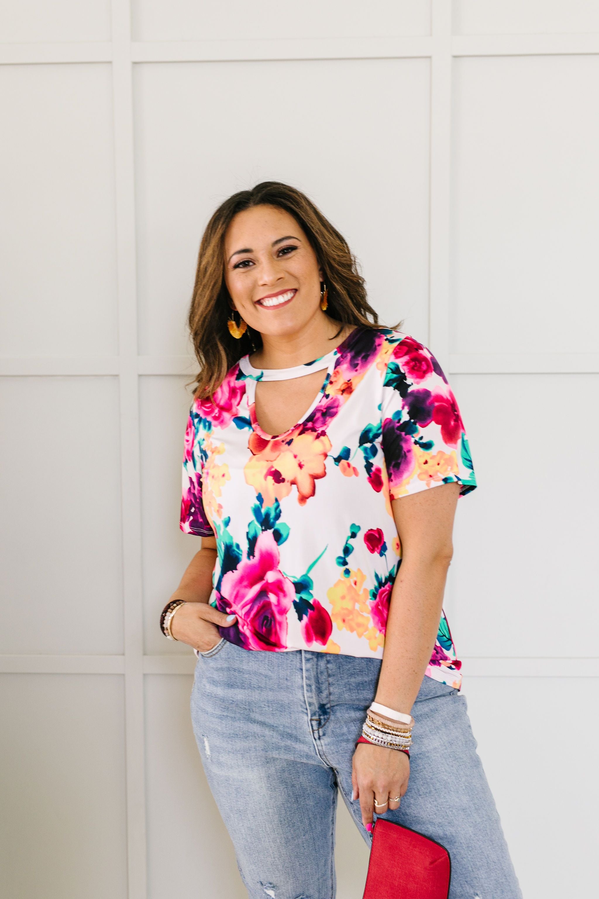 Watercolor Flowers Keyhole Top In Ivory