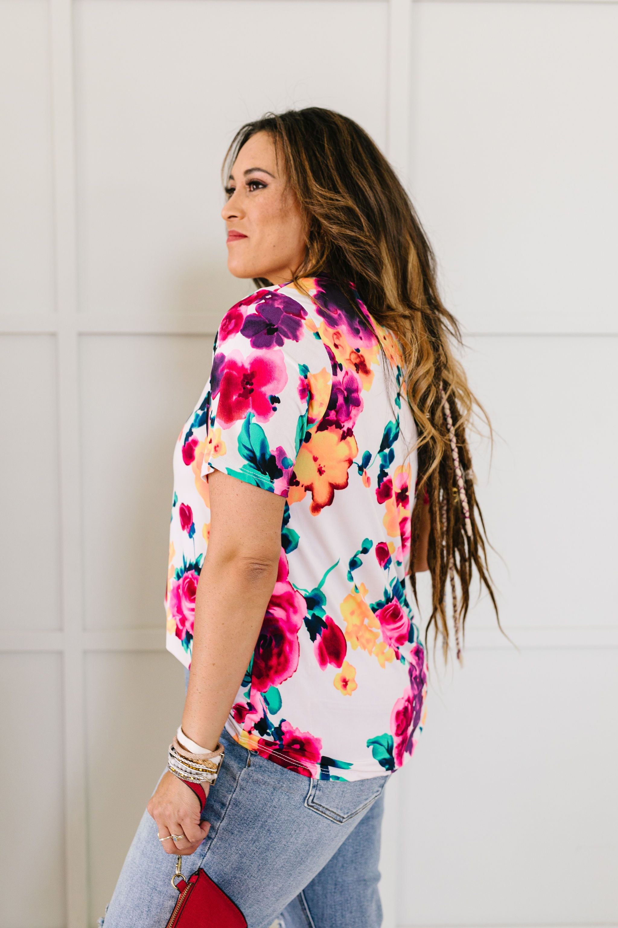 Watercolor Flowers Keyhole Top In Ivory