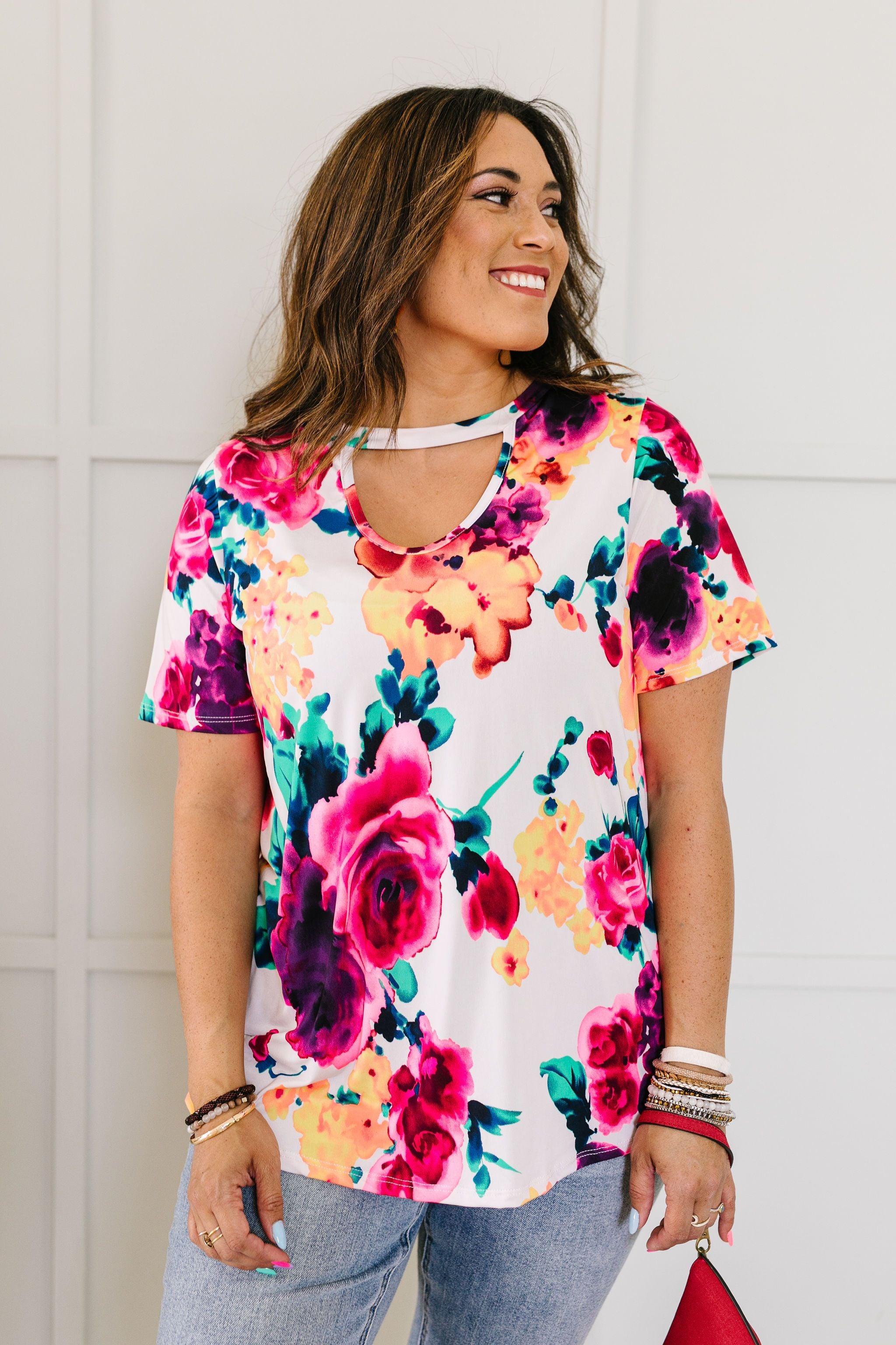 Watercolor Flowers Keyhole Top In Ivory