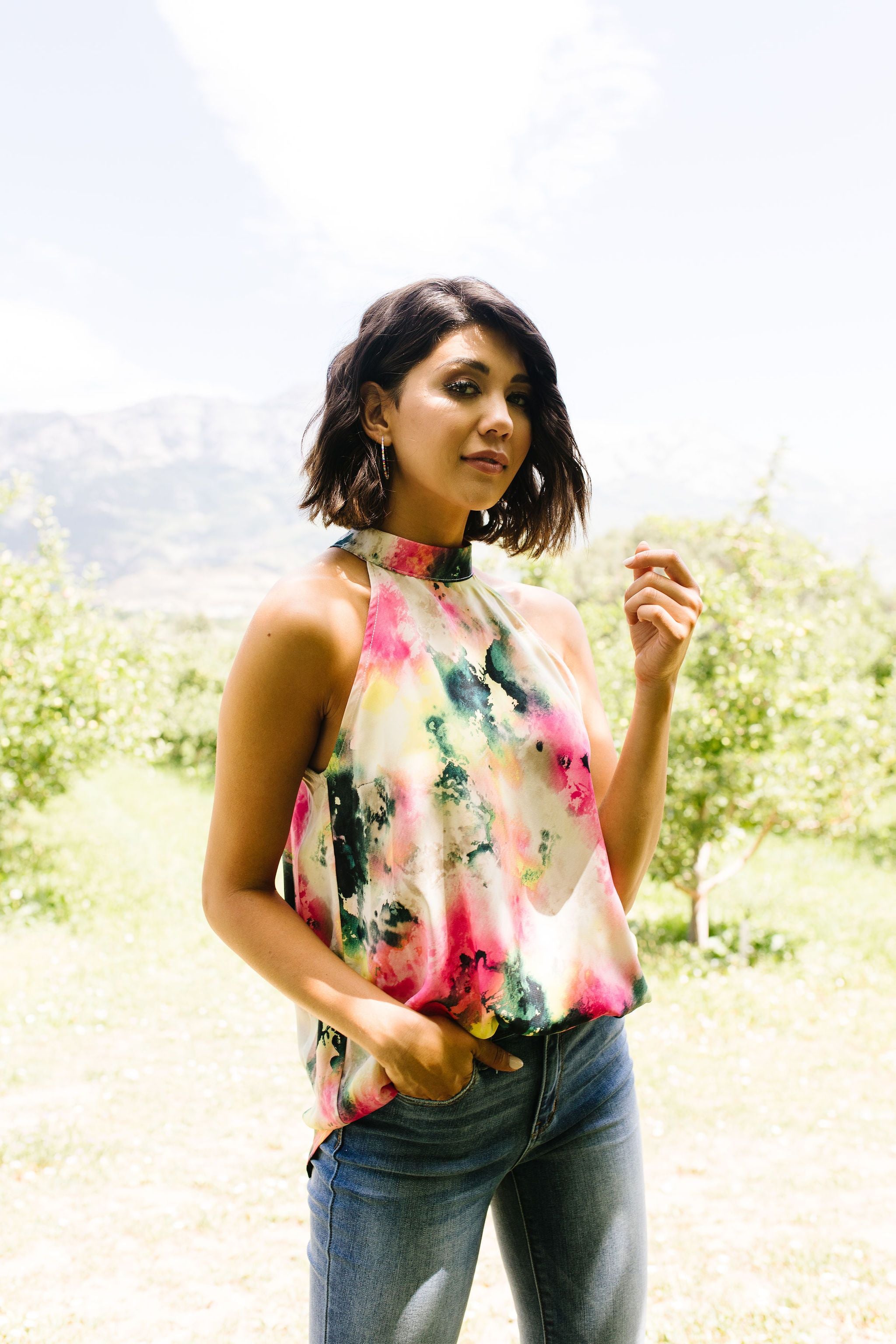 Watercolor Tie Dye Garden Halter Top