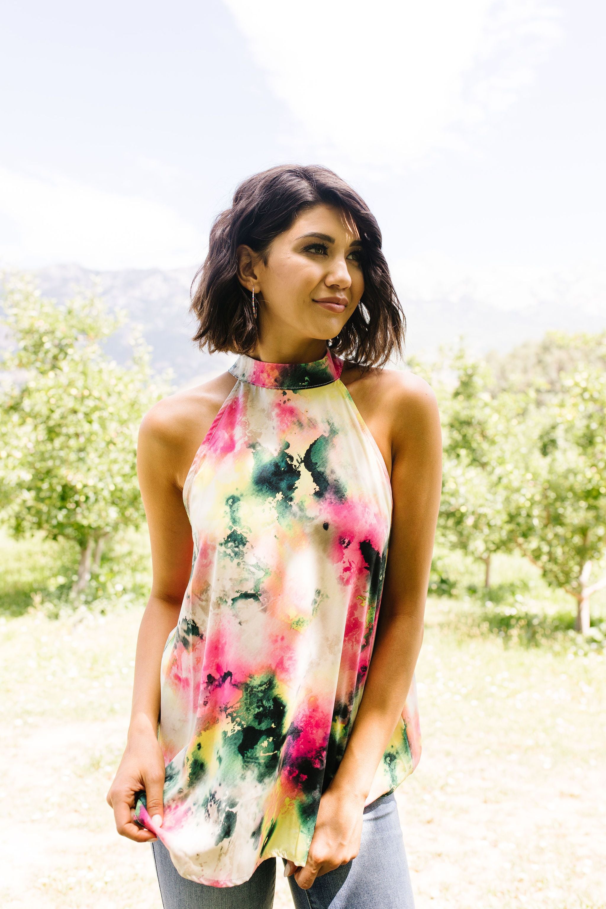 Watercolor Tie Dye Garden Halter Top