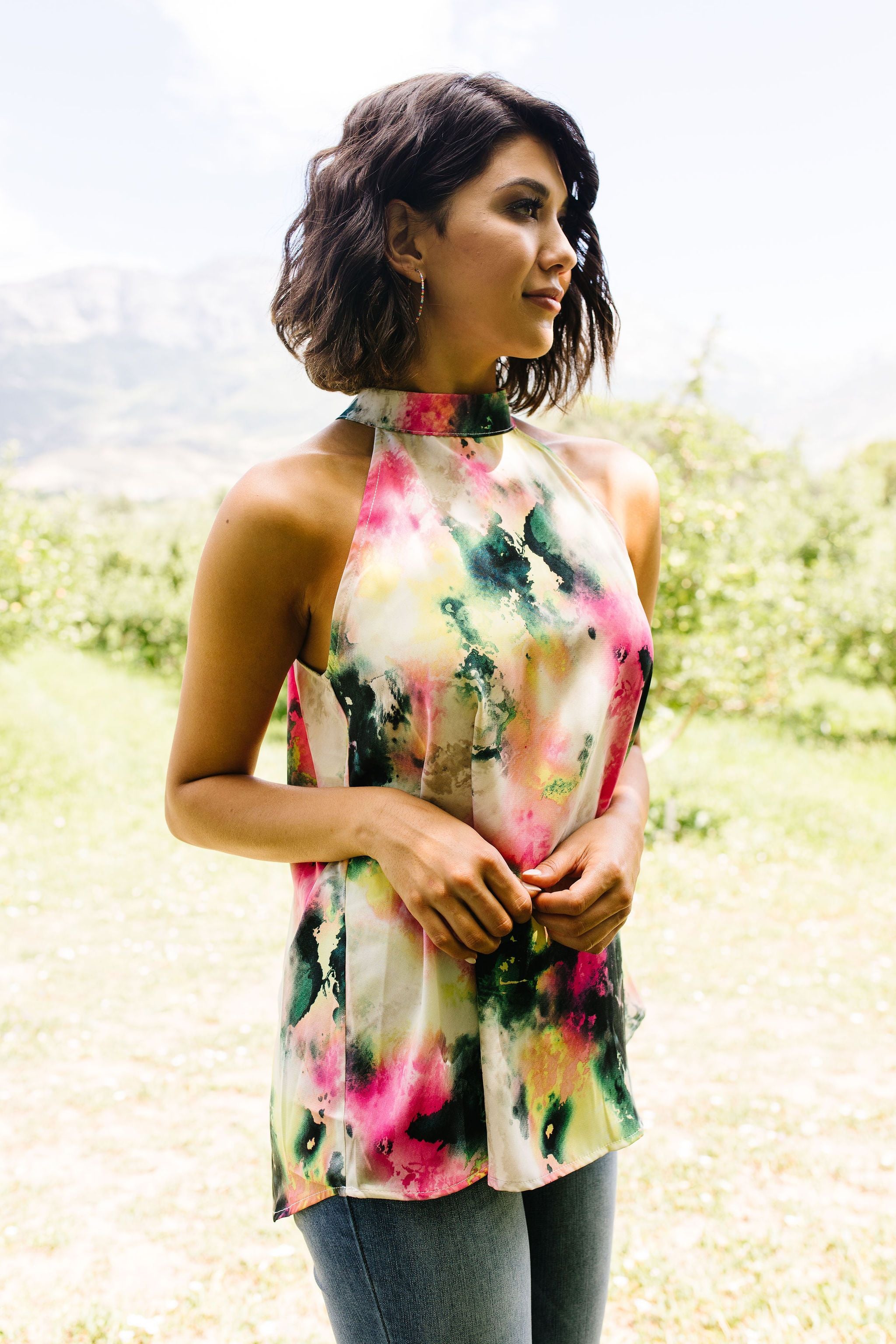 Watercolor Tie Dye Garden Halter Top