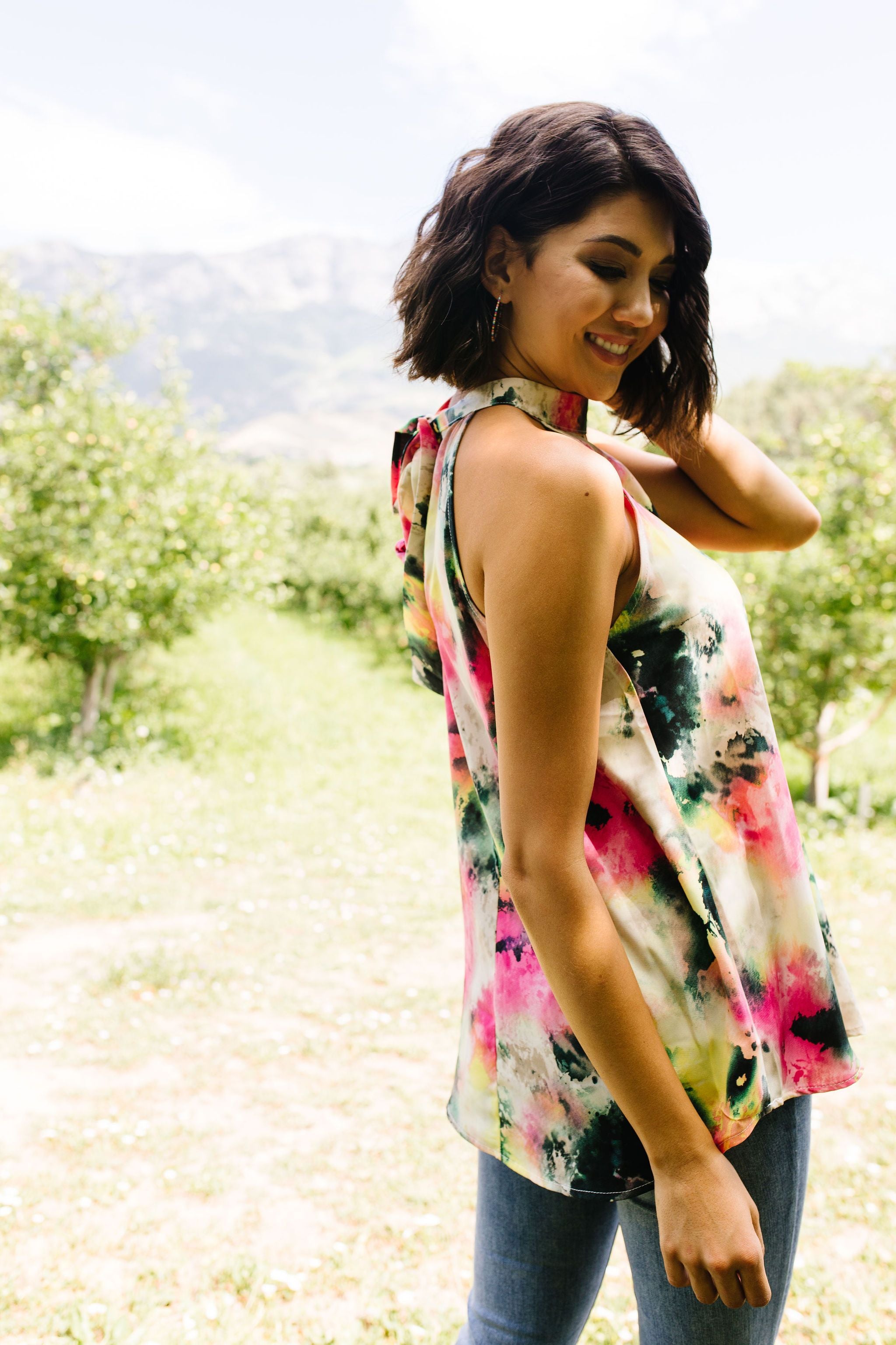 Watercolor Tie Dye Garden Halter Top