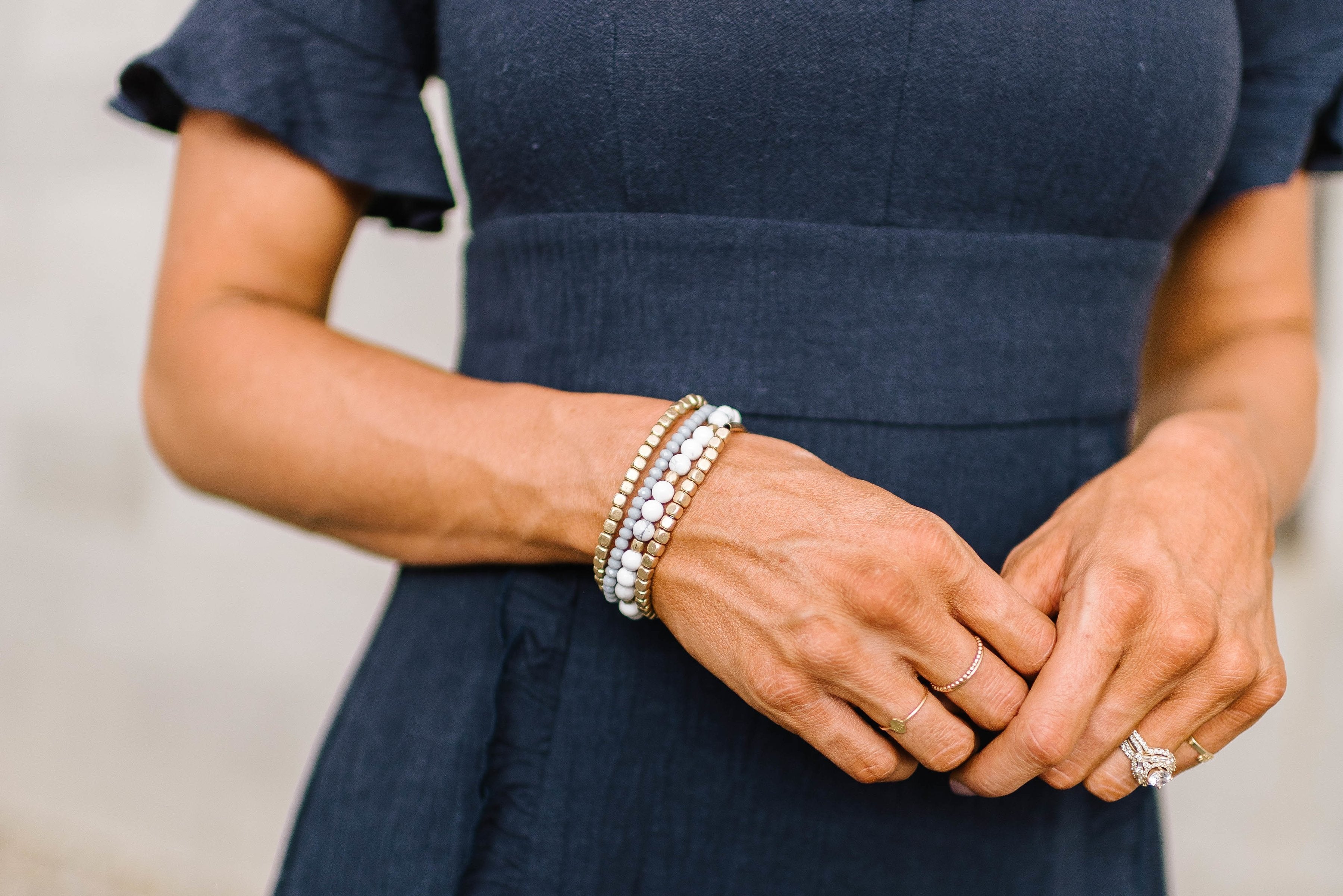 White Stone + Brass Stacked Bracelet