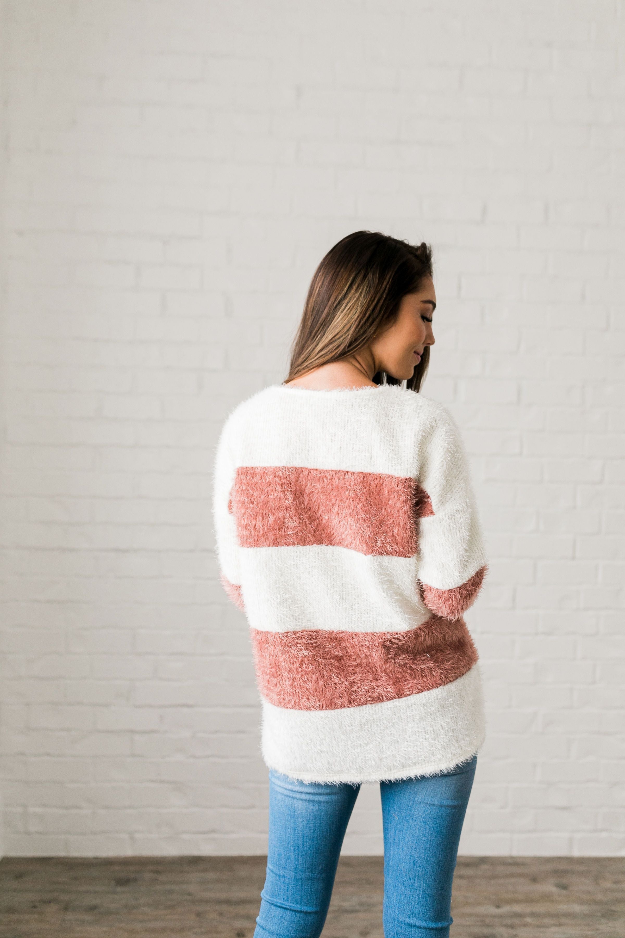 Wide Stripe Eyelash Sweater In Mauve + Ivory - ALL SALES FINAL