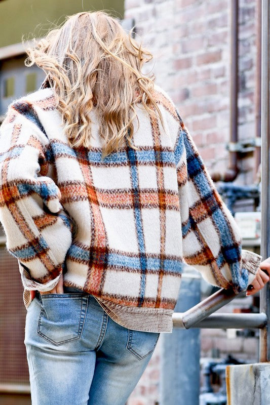 Multi-Color Plaid Jacket with Corduroy Washed Vintage Style - Back View