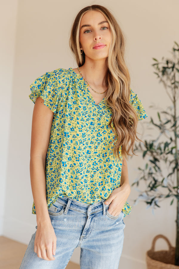 Anywhere We Go Flutter Sleeve Top in Blue Combo