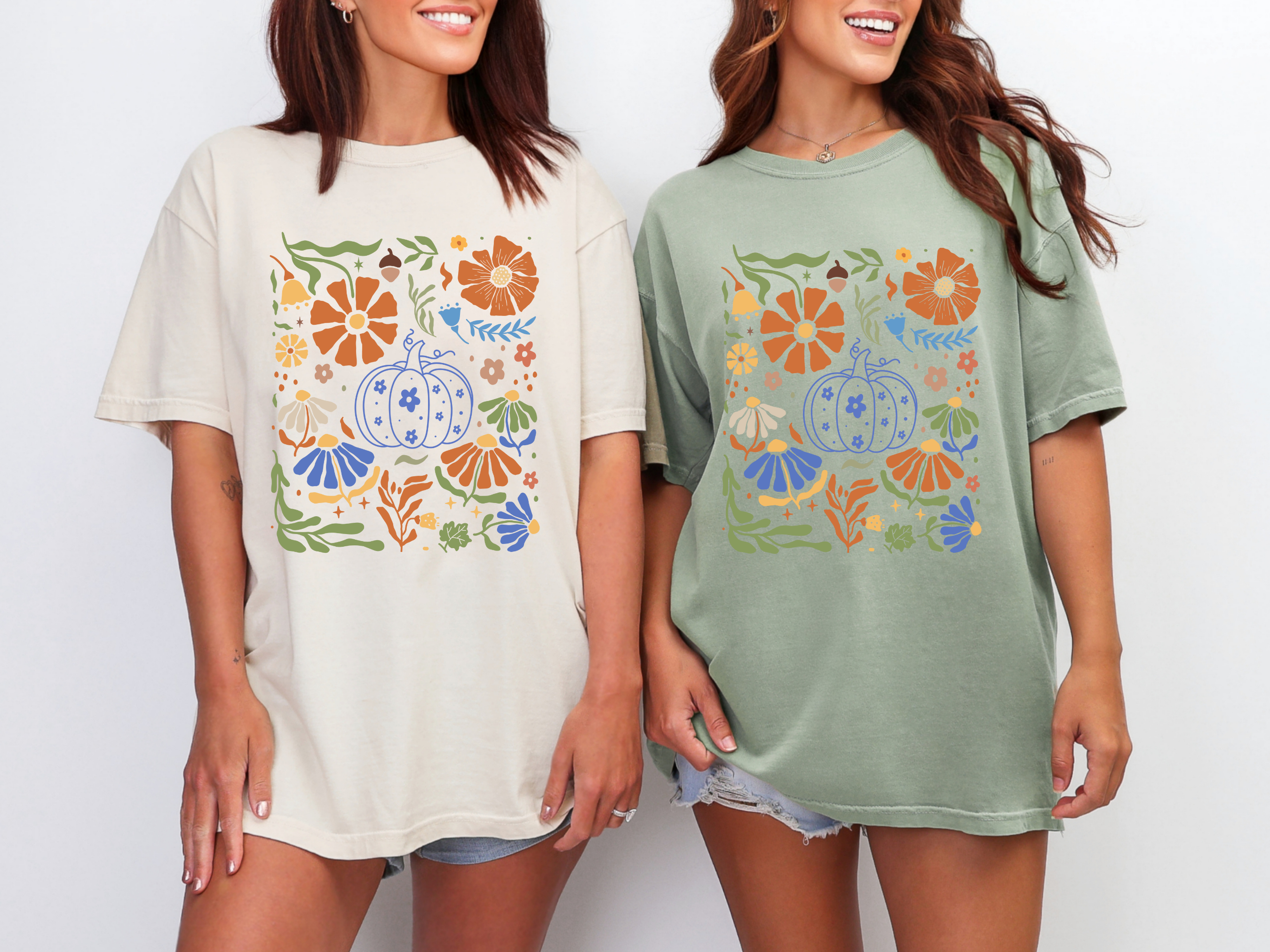 Blue Floral Pumpkin Graphic Tee in Two Colors