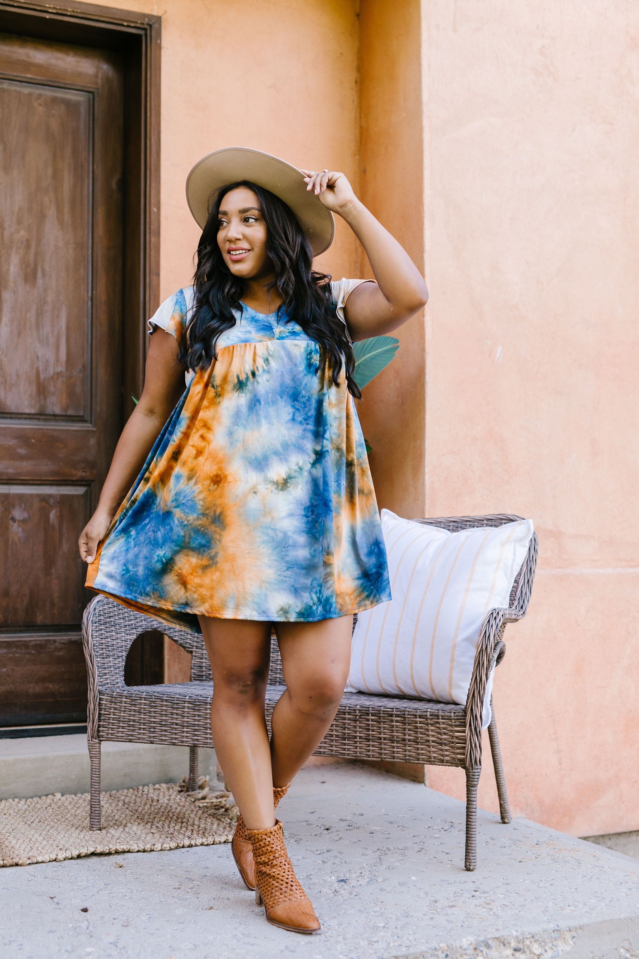 Flutter Sleeve Tie Dye Dress In Blue