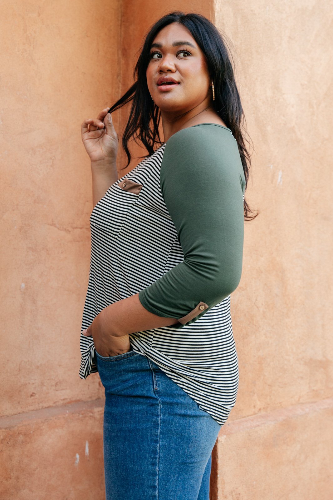 Olive Stripe Raglan Top
