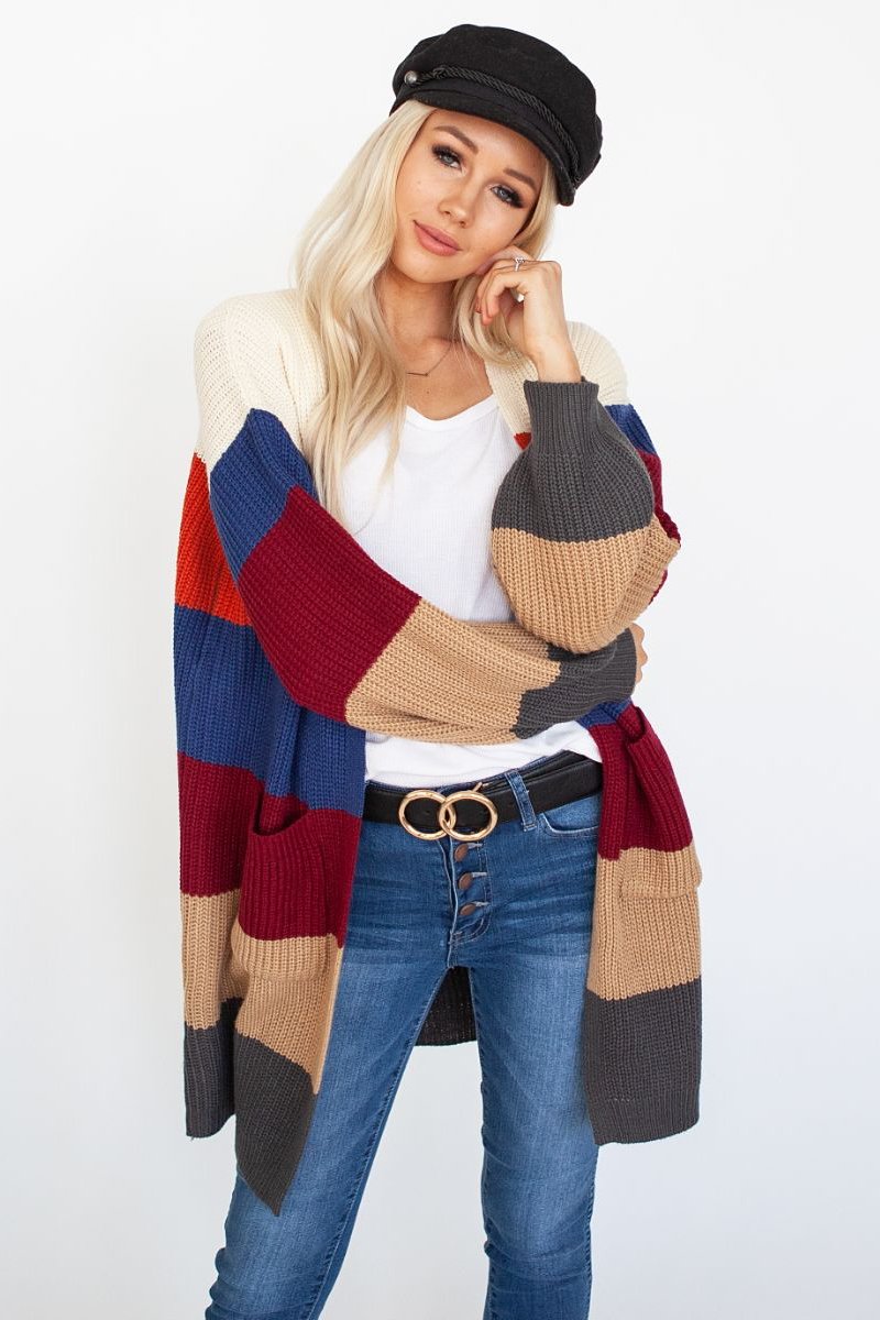 Classic Cable Knit Color Block Cardi