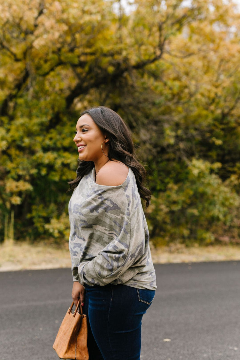 Faded Camo Off The Shoulder Top