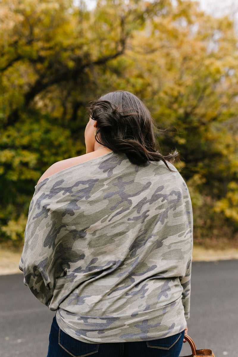 Faded Camo Off The Shoulder Top