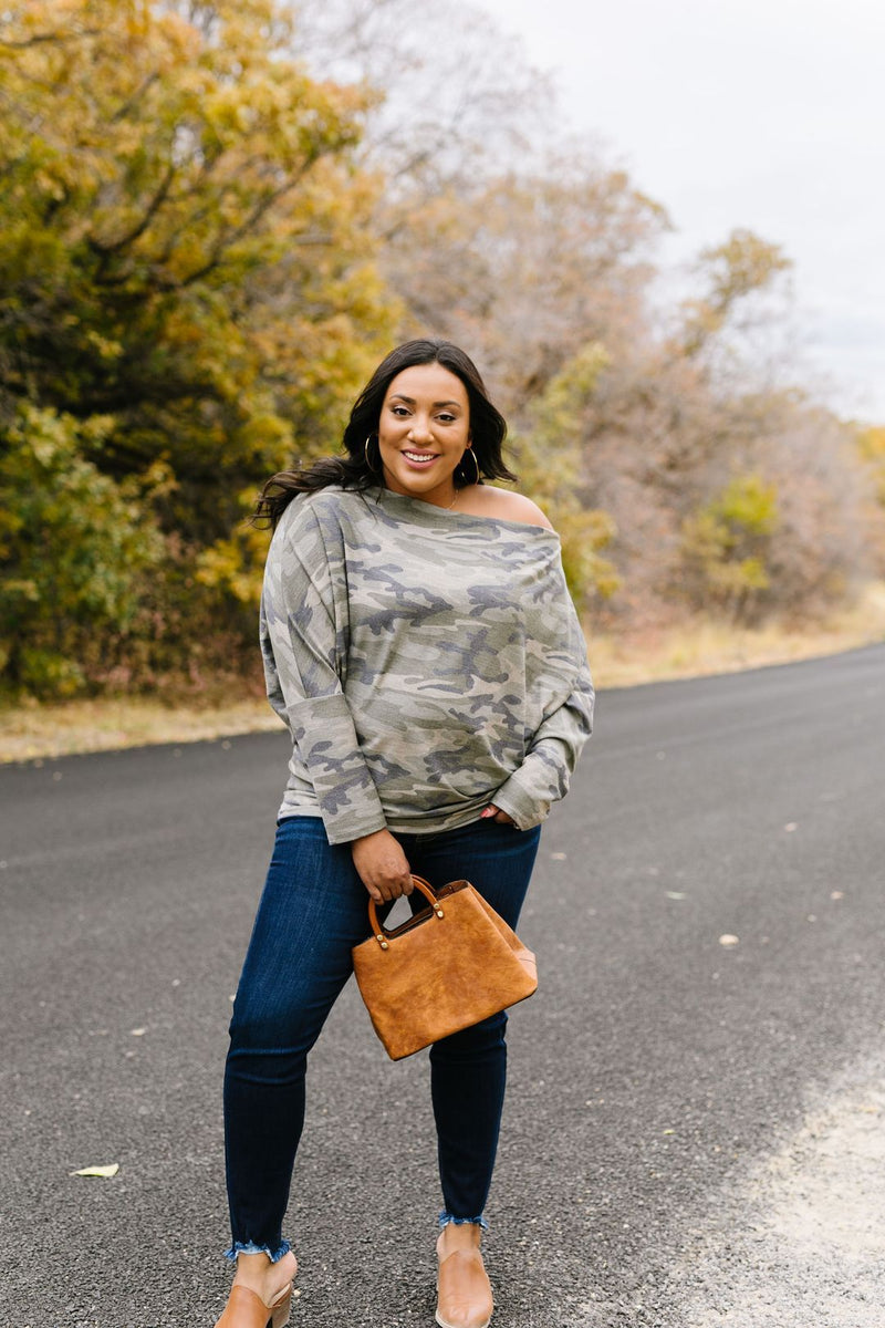 Faded Camo Off The Shoulder Top