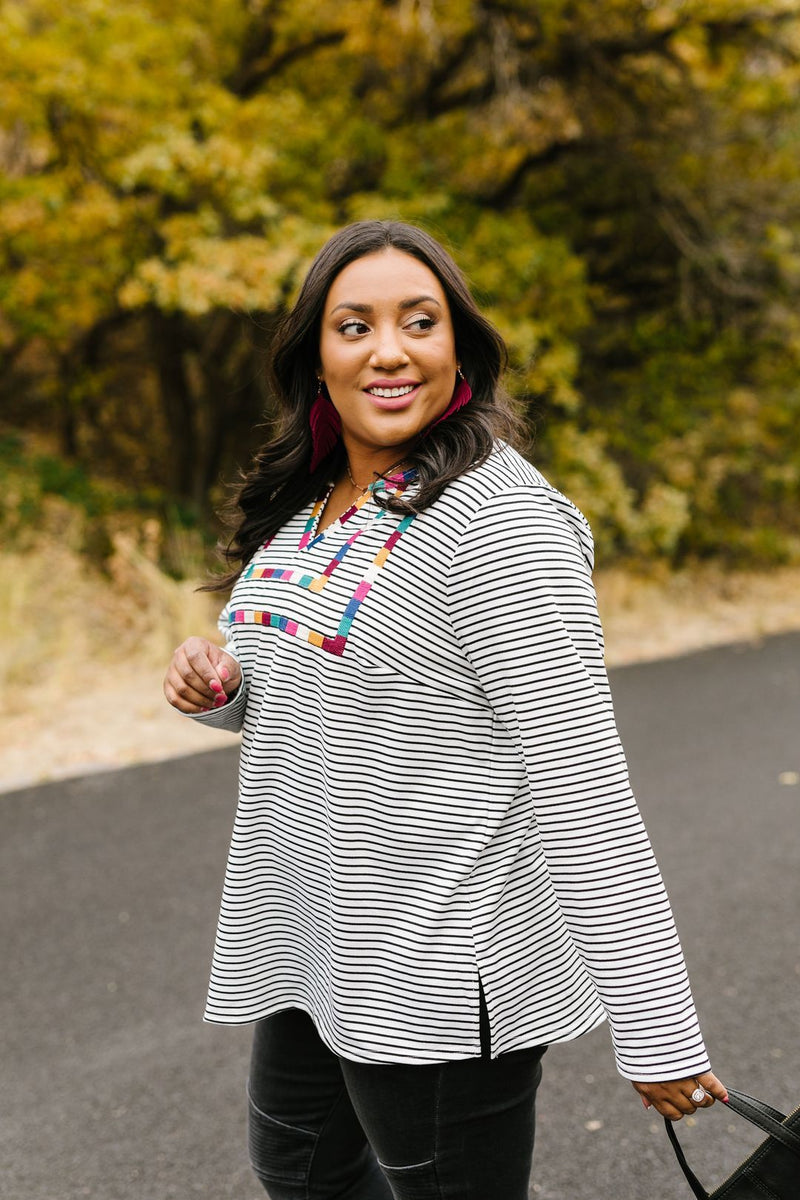 La Moda Striped + Embroidered Top