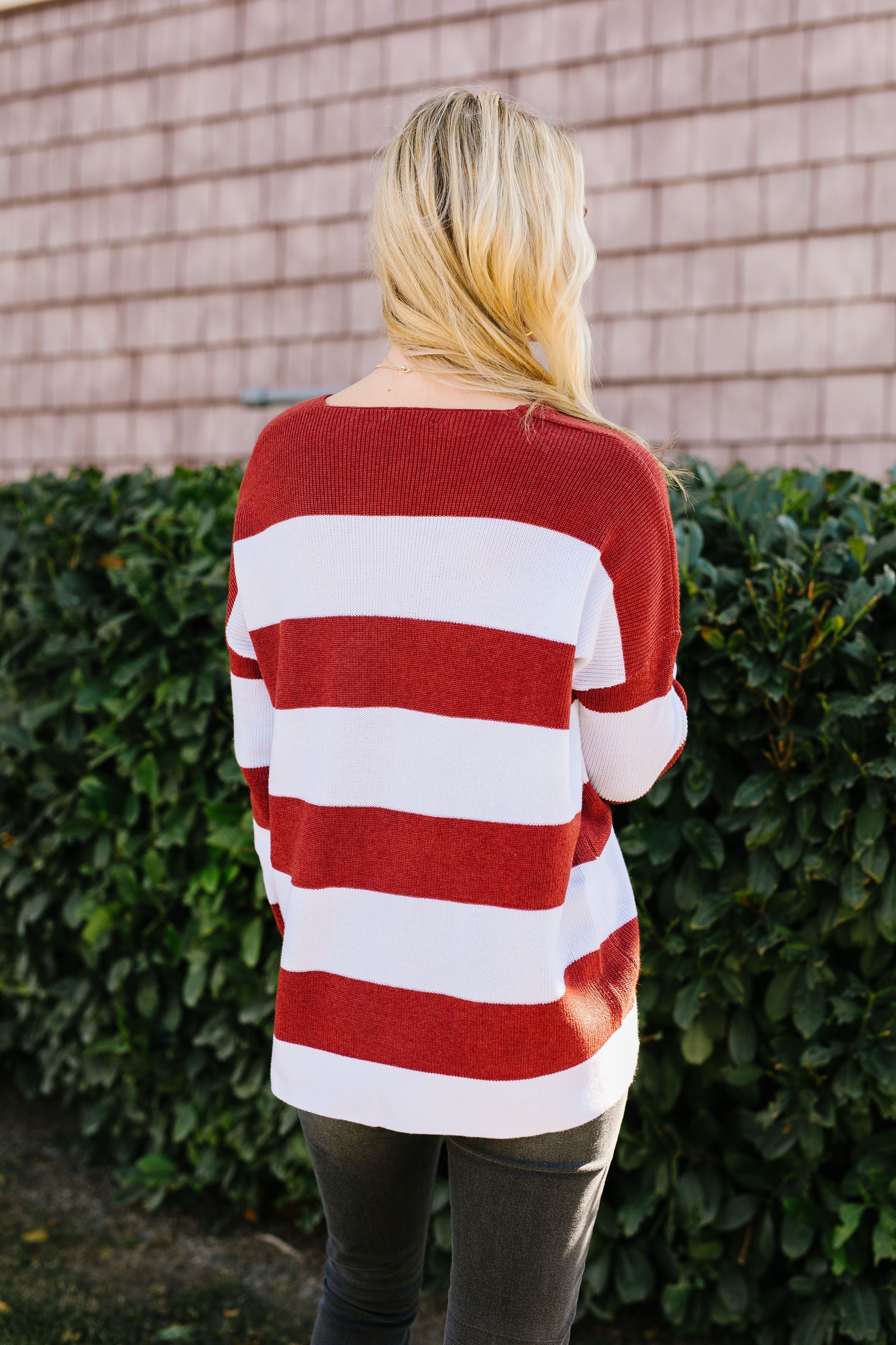 Room With A View Striped V-Neck Sweater in Rust