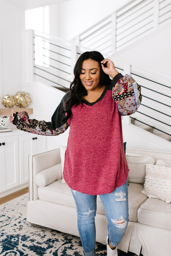 Ace Up Your Sleeve Blouse In Heathered Burgundy
