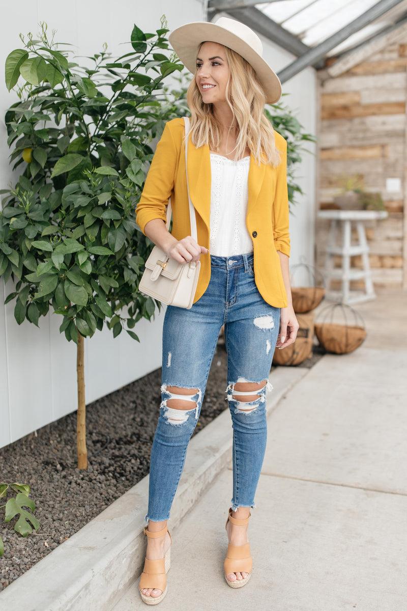 Acting Like A Lady Blazer in Mustard