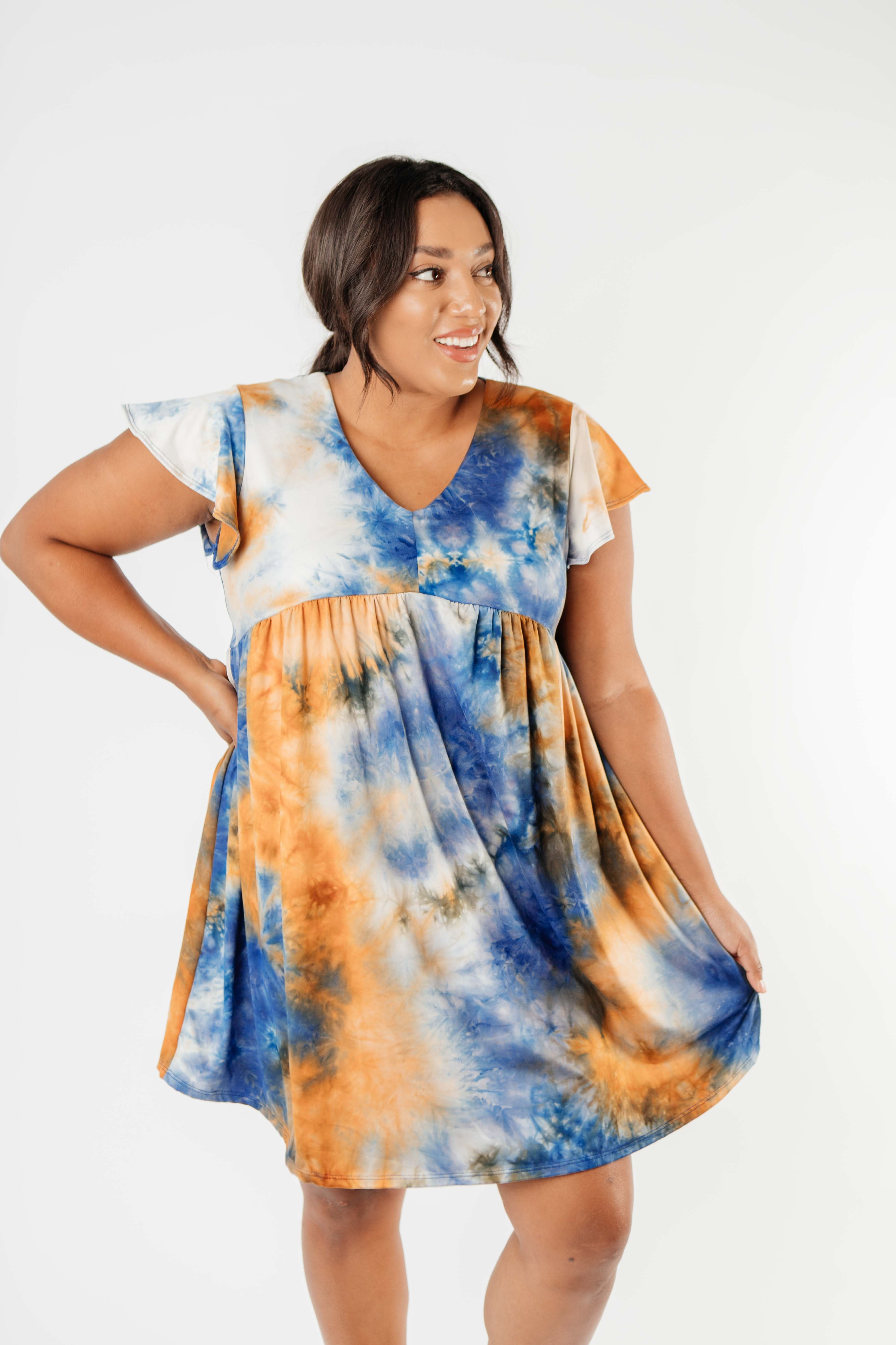 Flutter Sleeve Tie Dye Dress In Blue