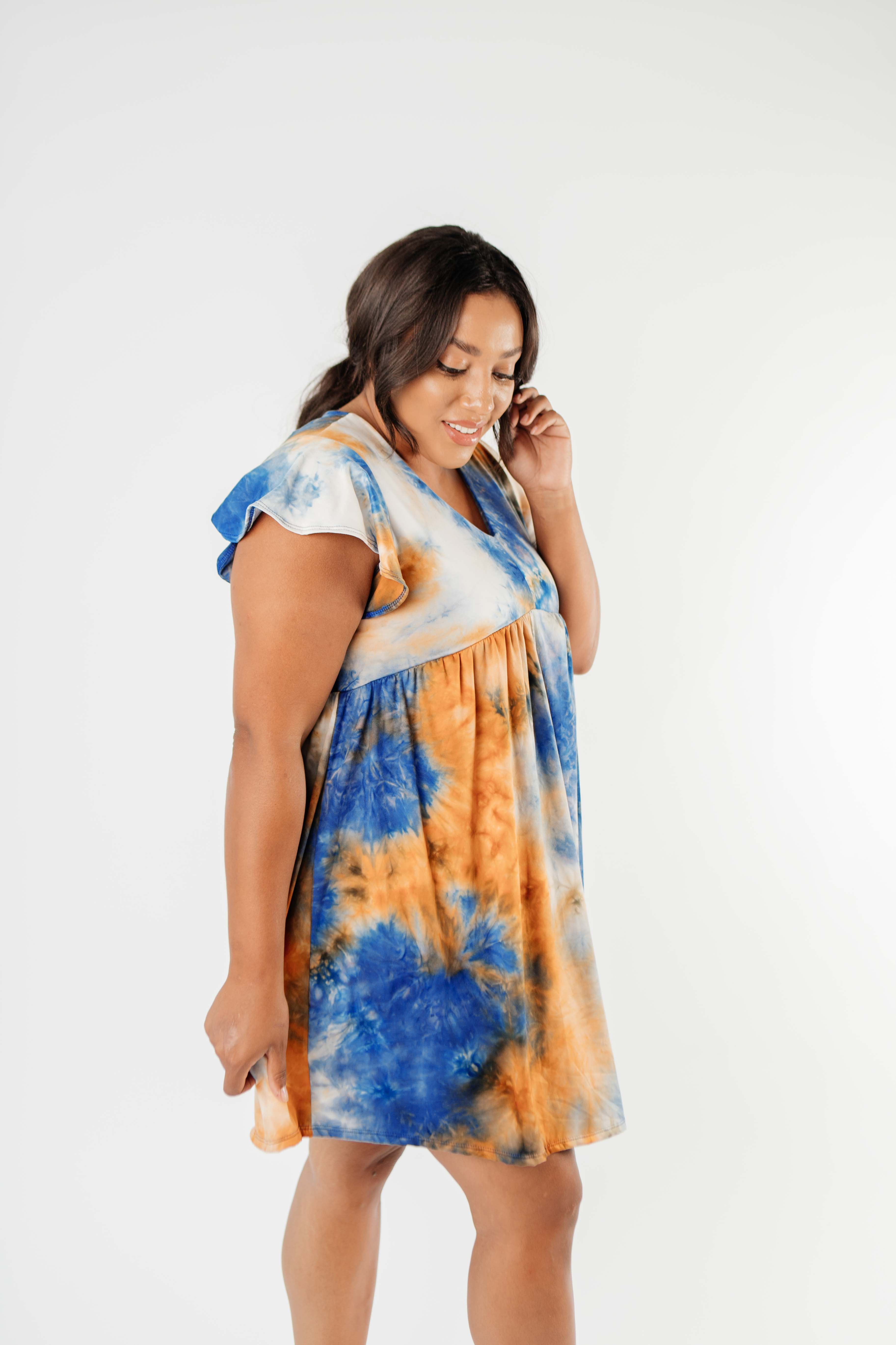Flutter Sleeve Tie Dye Dress In Blue