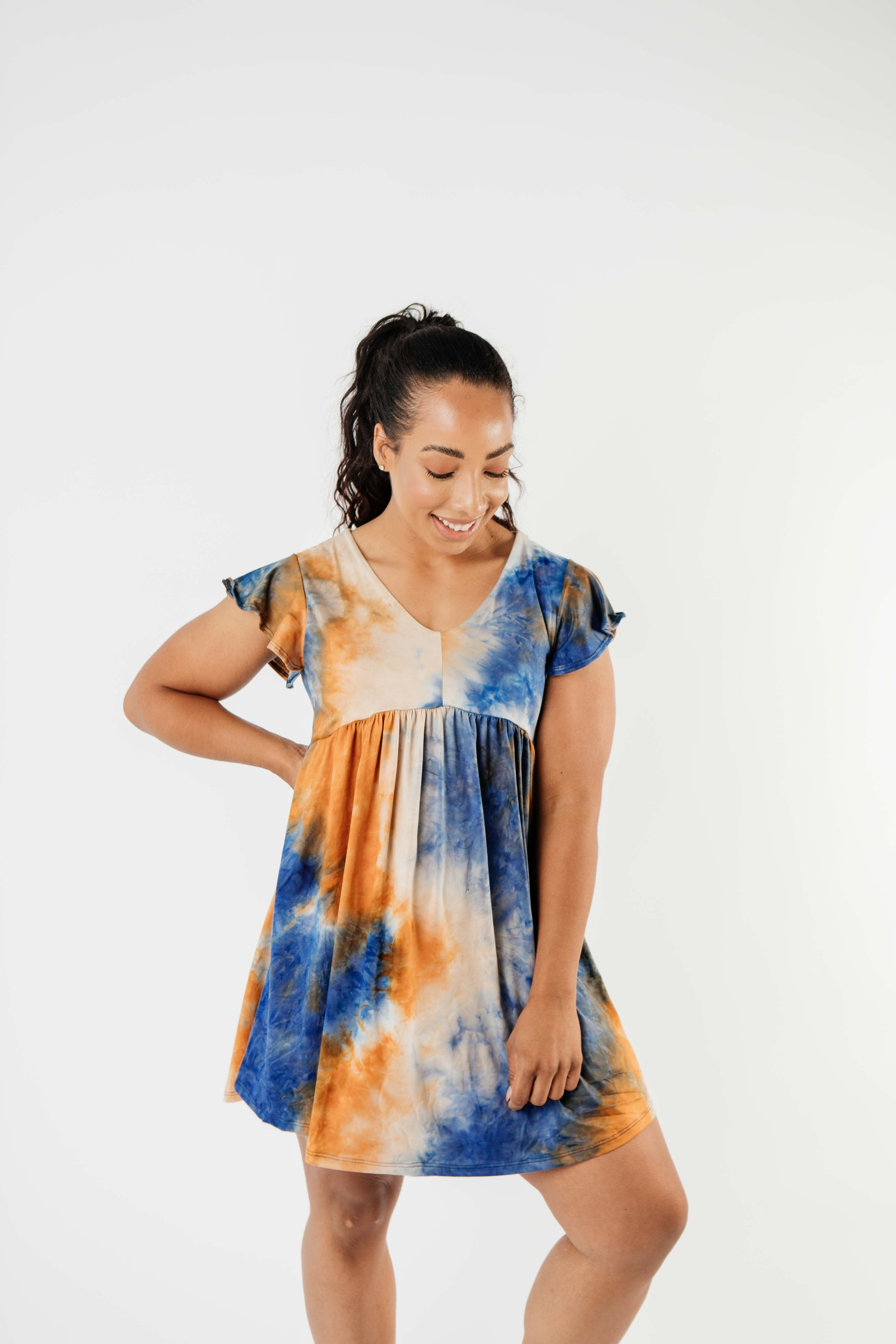 Flutter Sleeve Tie Dye Dress In Blue