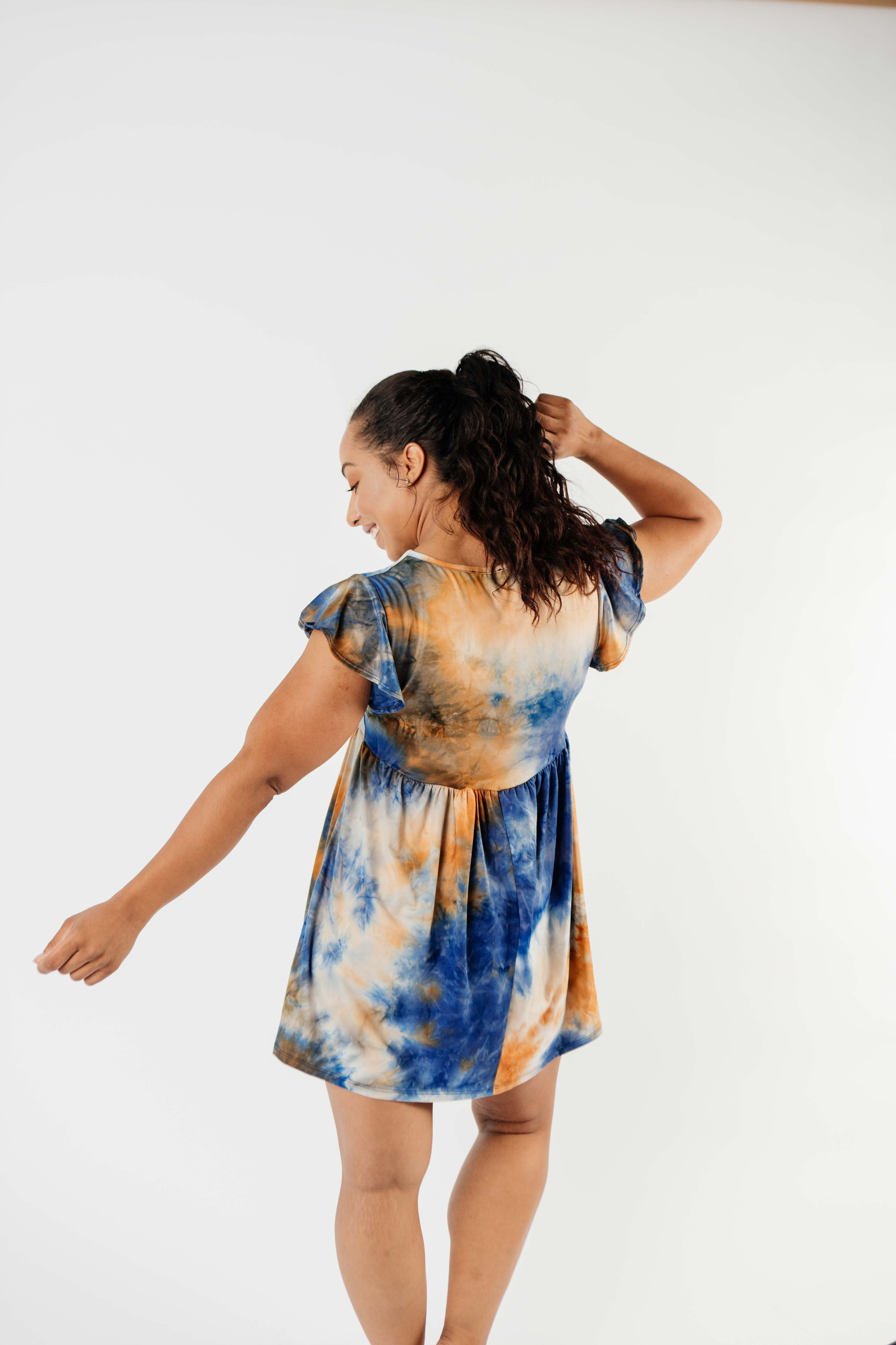Flutter Sleeve Tie Dye Dress In Blue