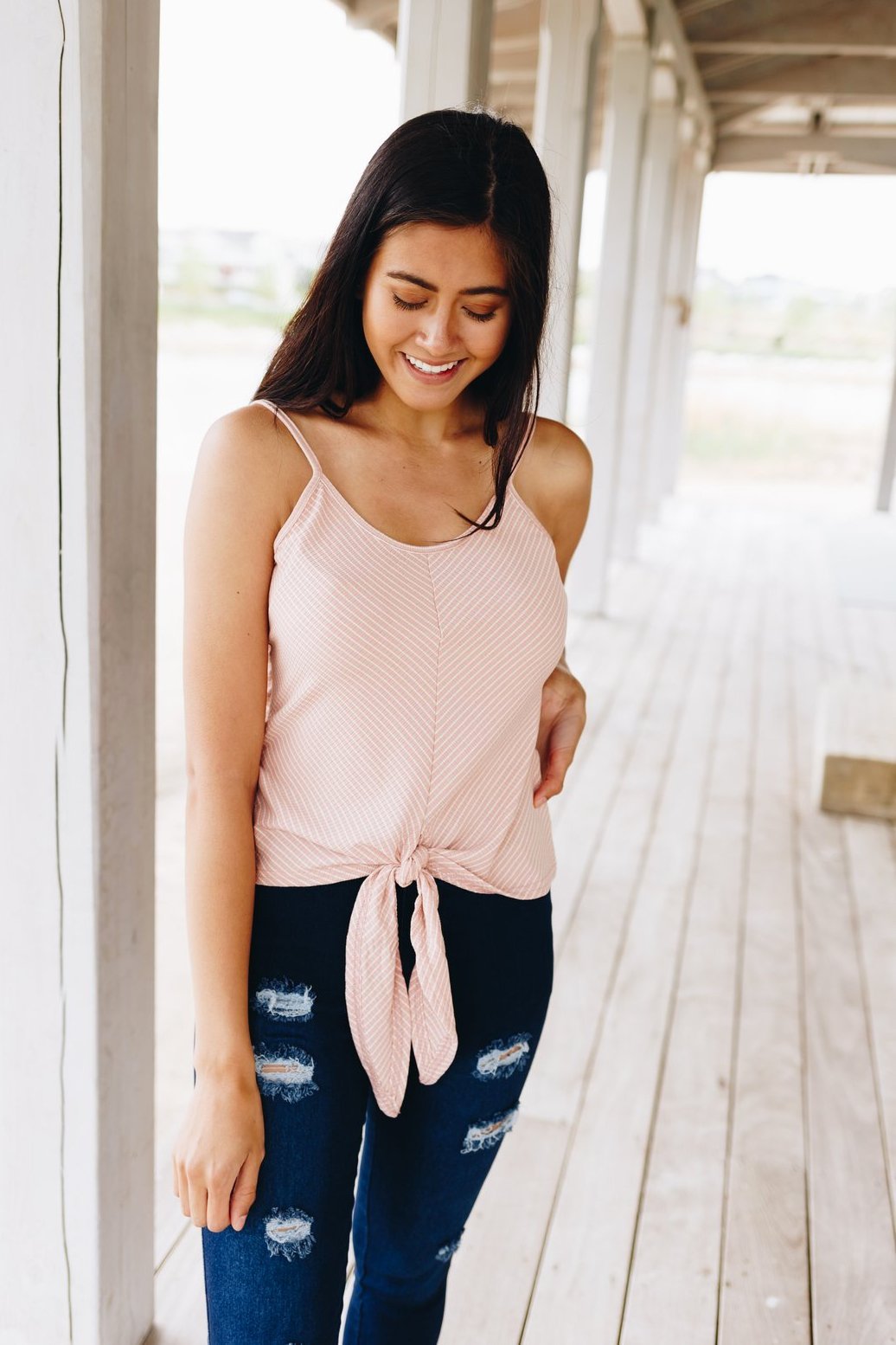 Chevron Stripes Tie Front Tank In Blush