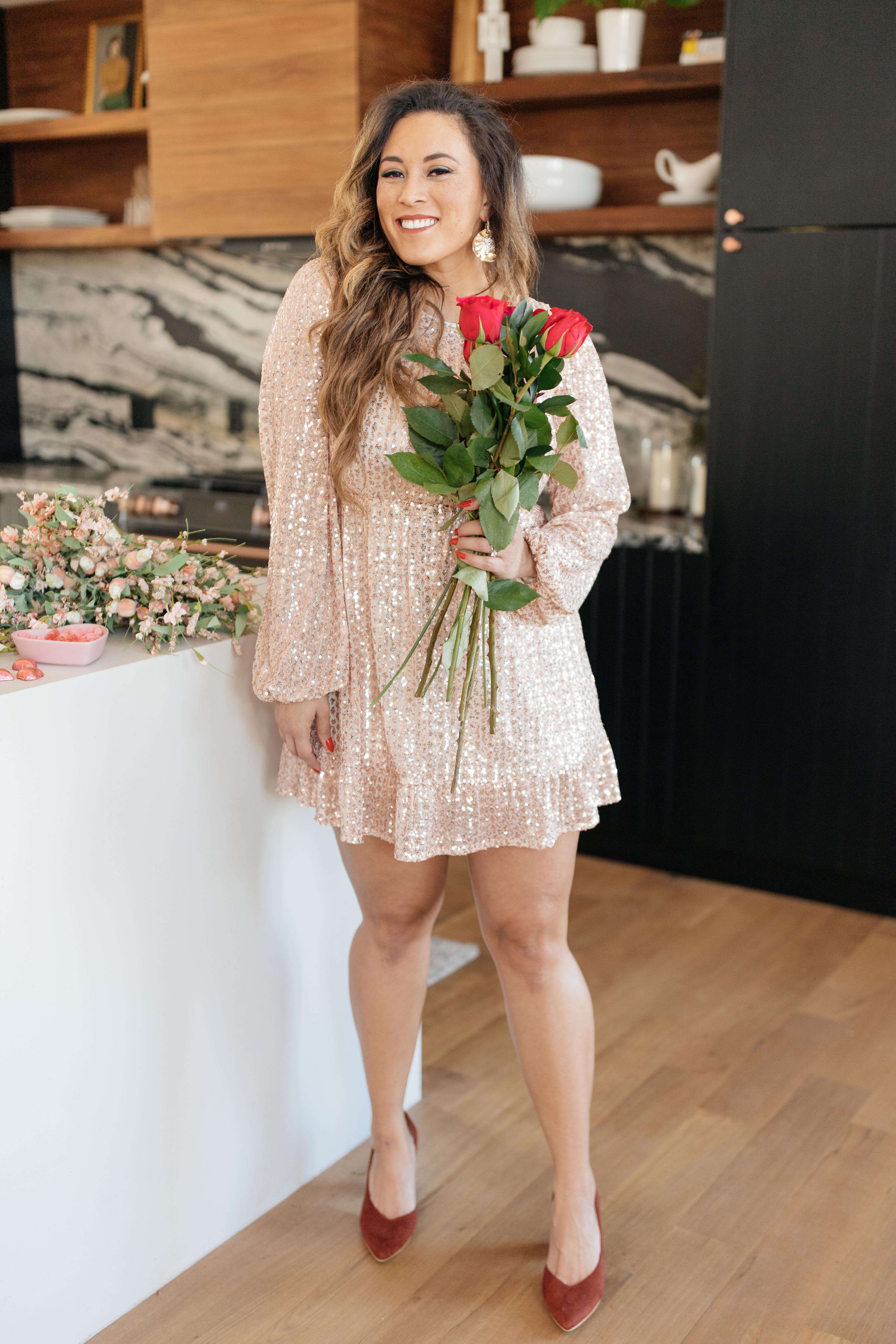 Mia Sequin Dress in Rose Gold