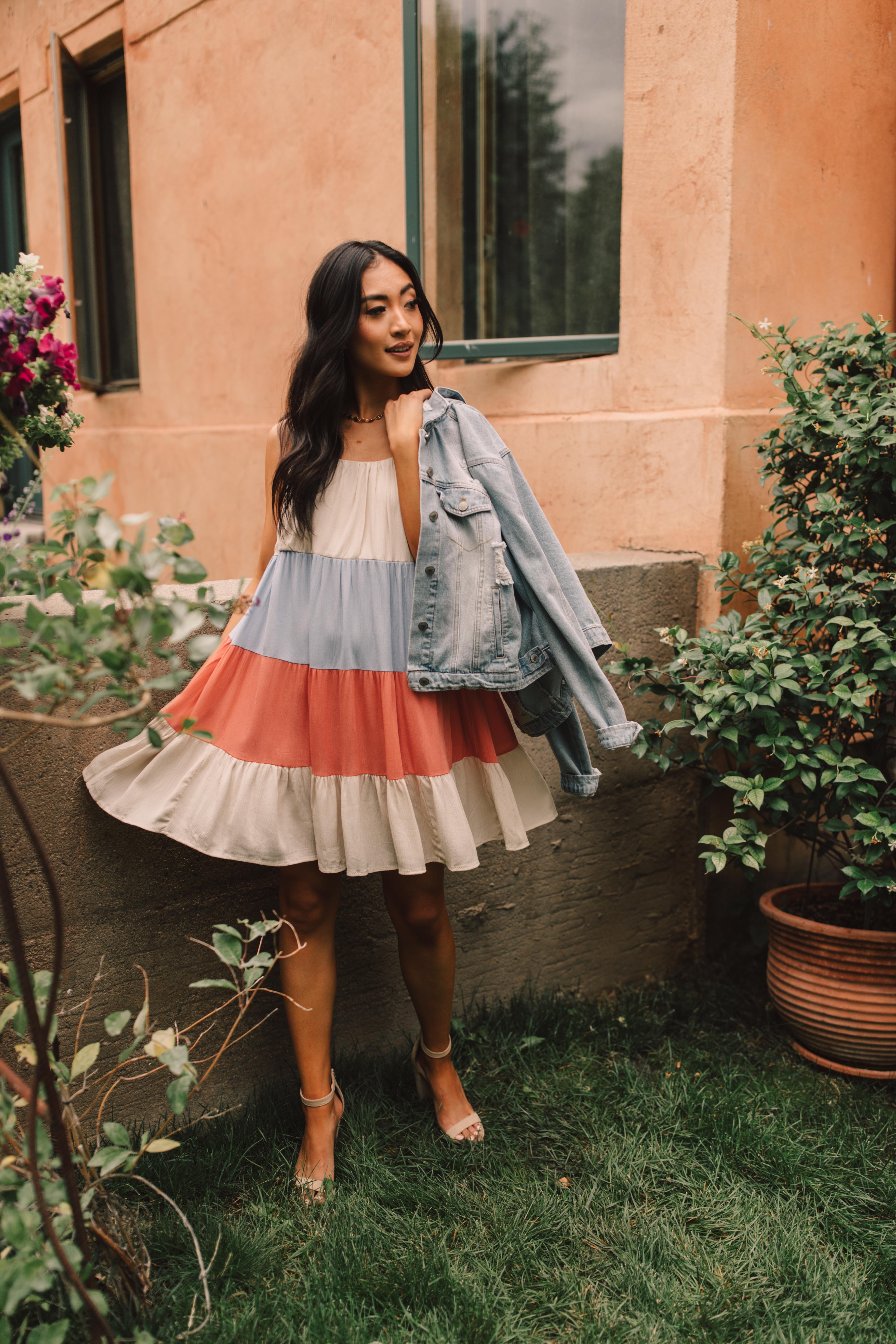 Color Block Ruffles Midi Dress In Coral