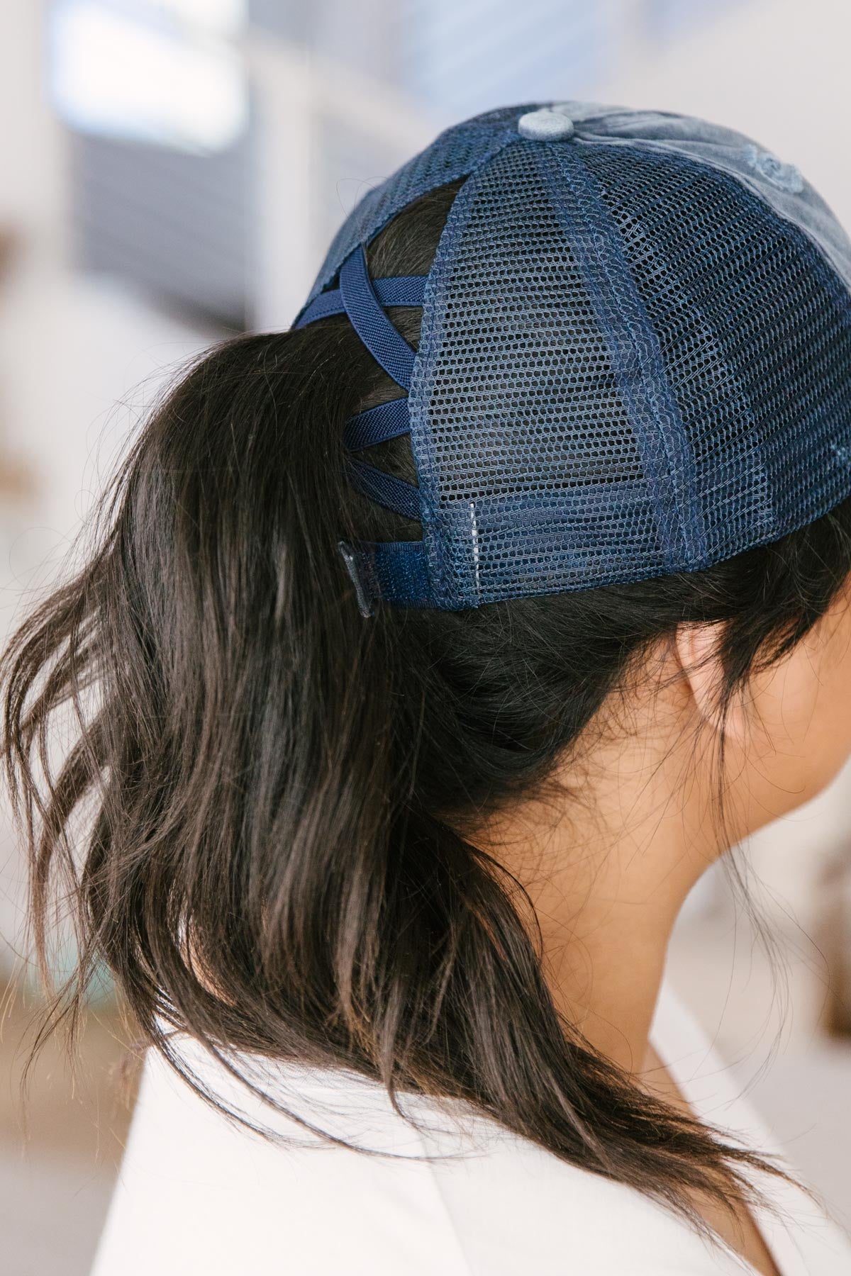 Criss Cross Ponytail Baseball Cap in Denim