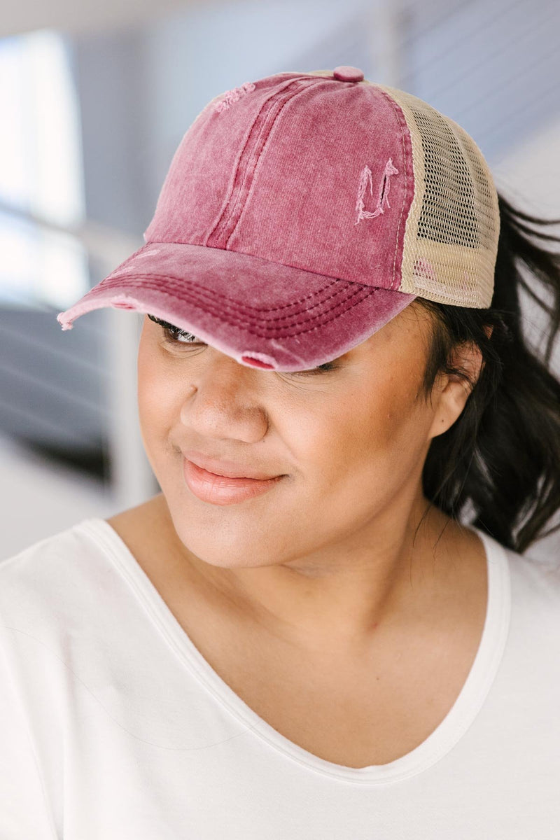 Criss Cross Ponytail Baseball Cap in Red
