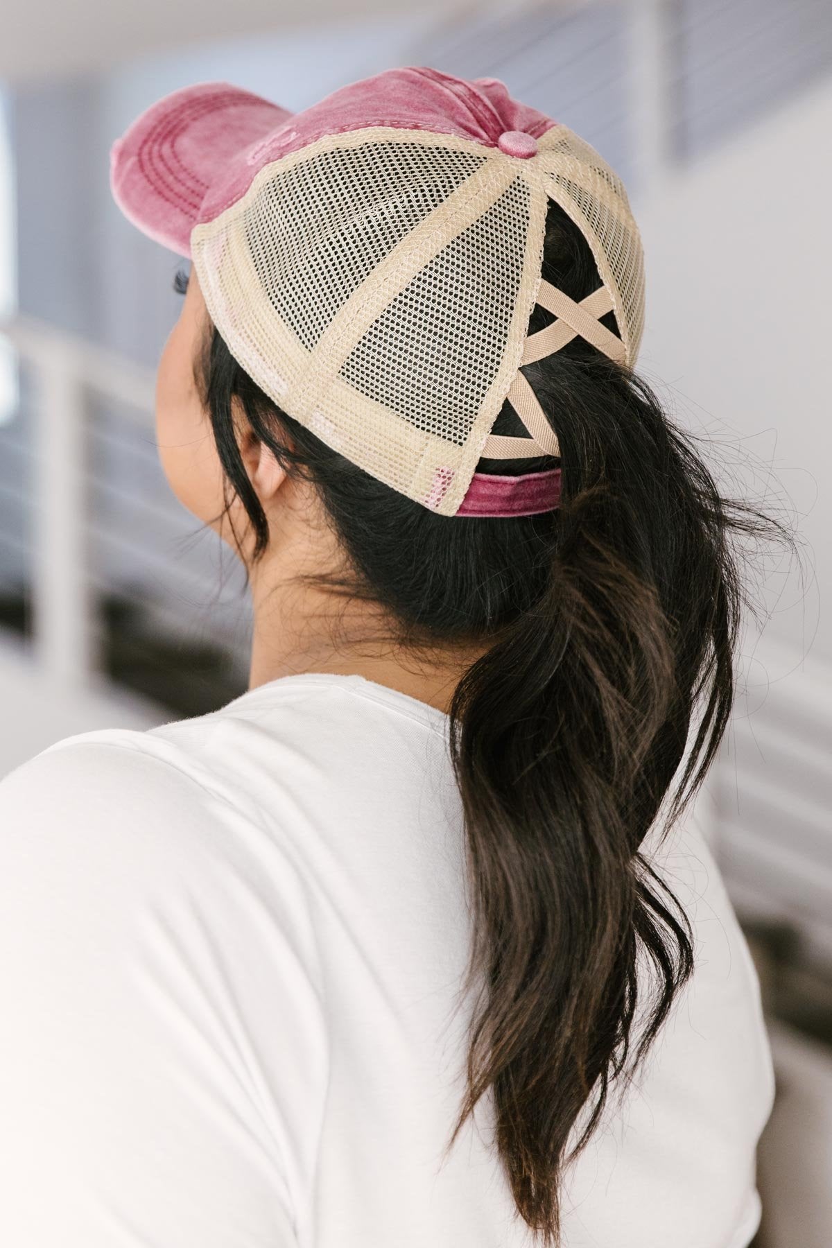 Criss Cross Ponytail Baseball Cap in Red