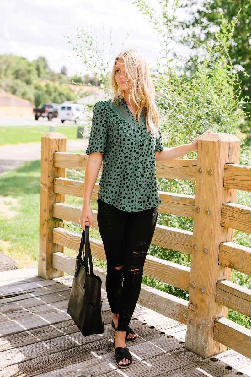 Deep Sage Leopard And Lace Blouse