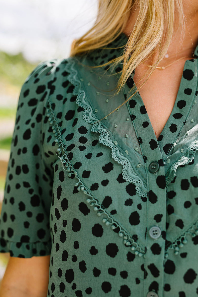 Deep Sage Leopard And Lace Blouse