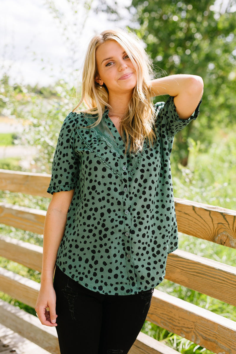 Deep Sage Leopard And Lace Blouse