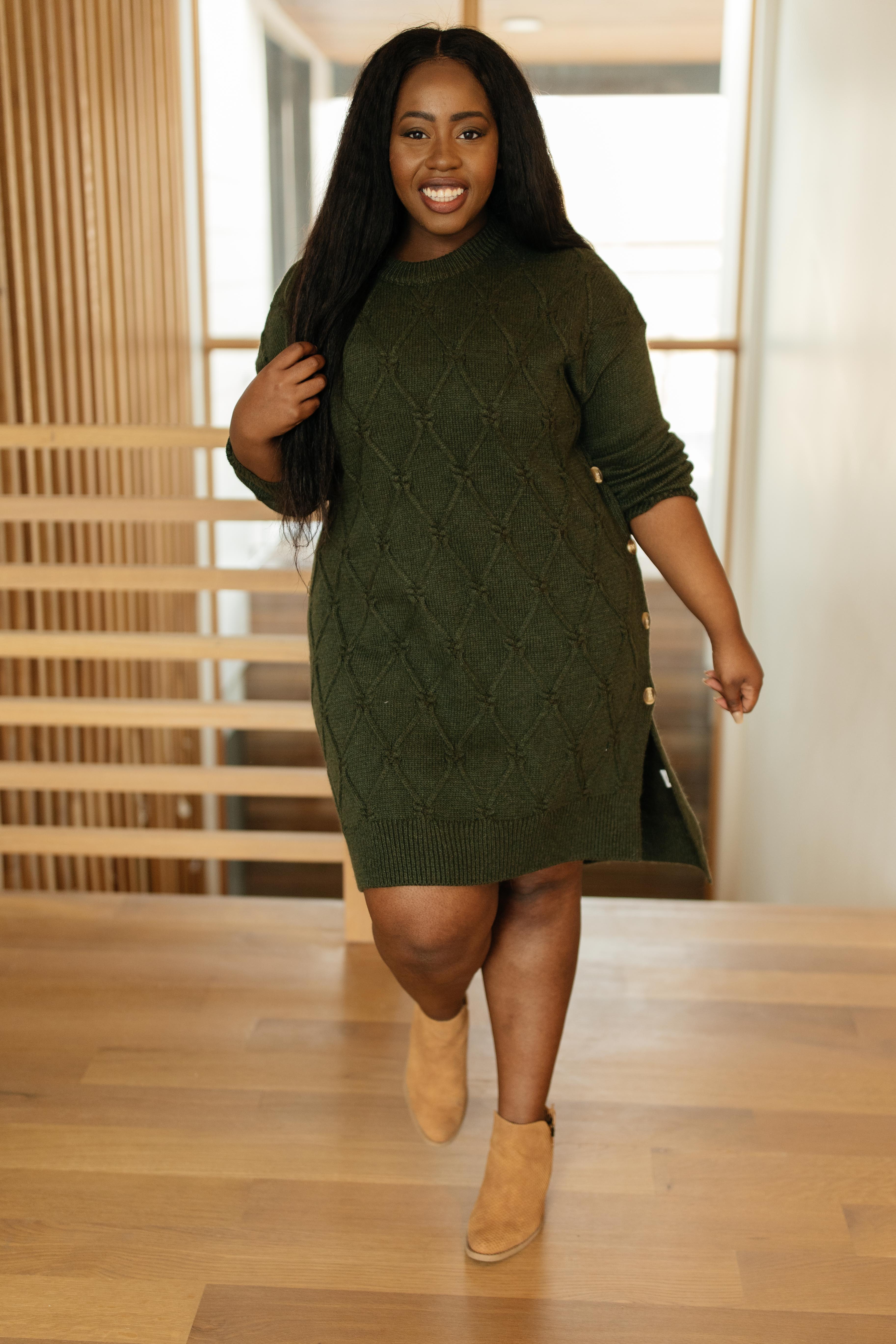 Diamond Details Sweater Dress in Olive