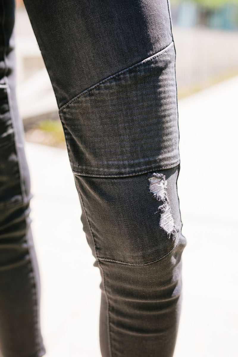 Distressed Dark Gray Modern Moto Jeans