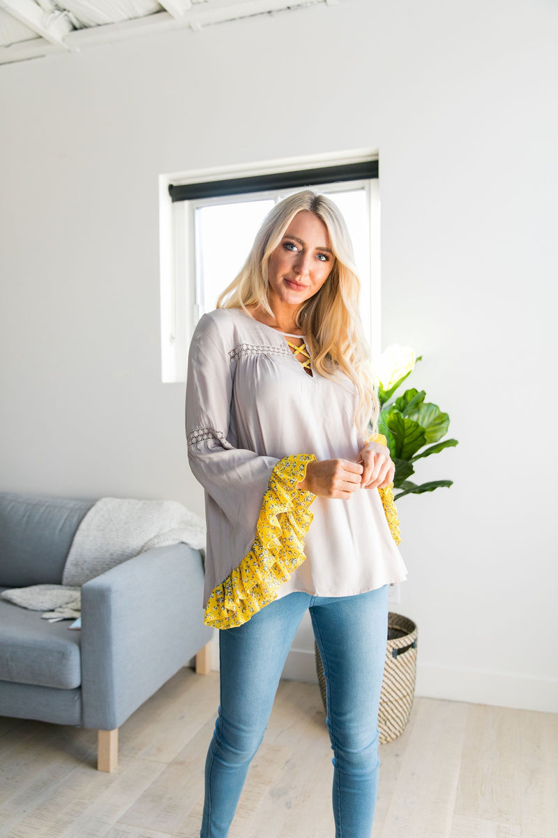 Divine Details Top In Taupe + Yellow