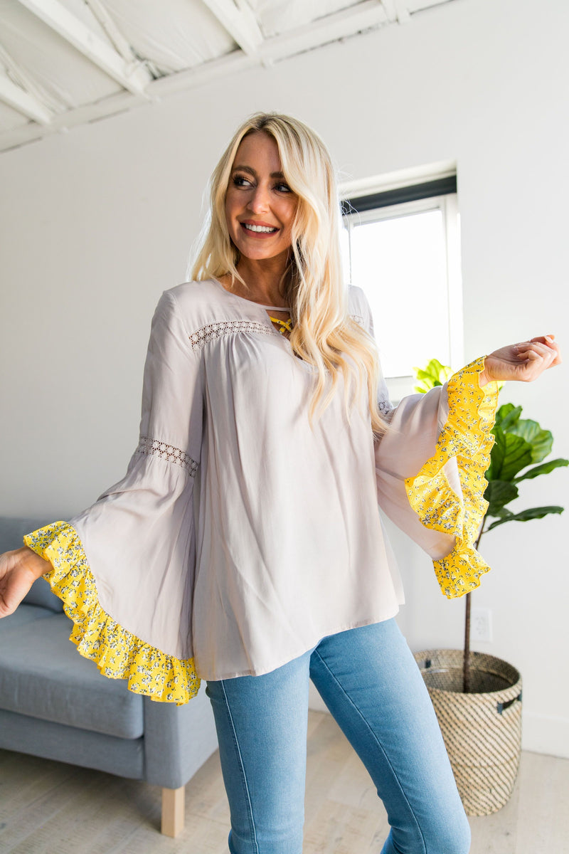 Divine Details Top In Taupe + Yellow