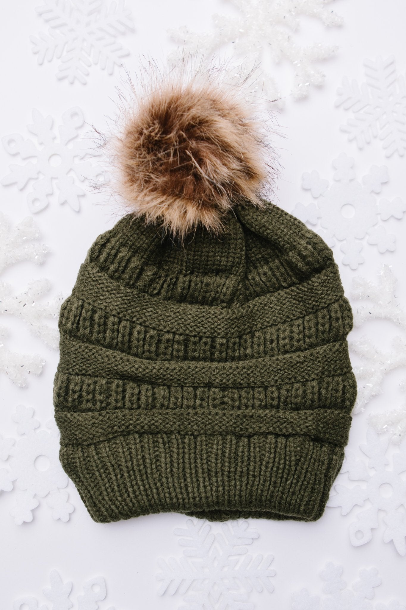 Faux Fur Pom Pom Beanie In Olive