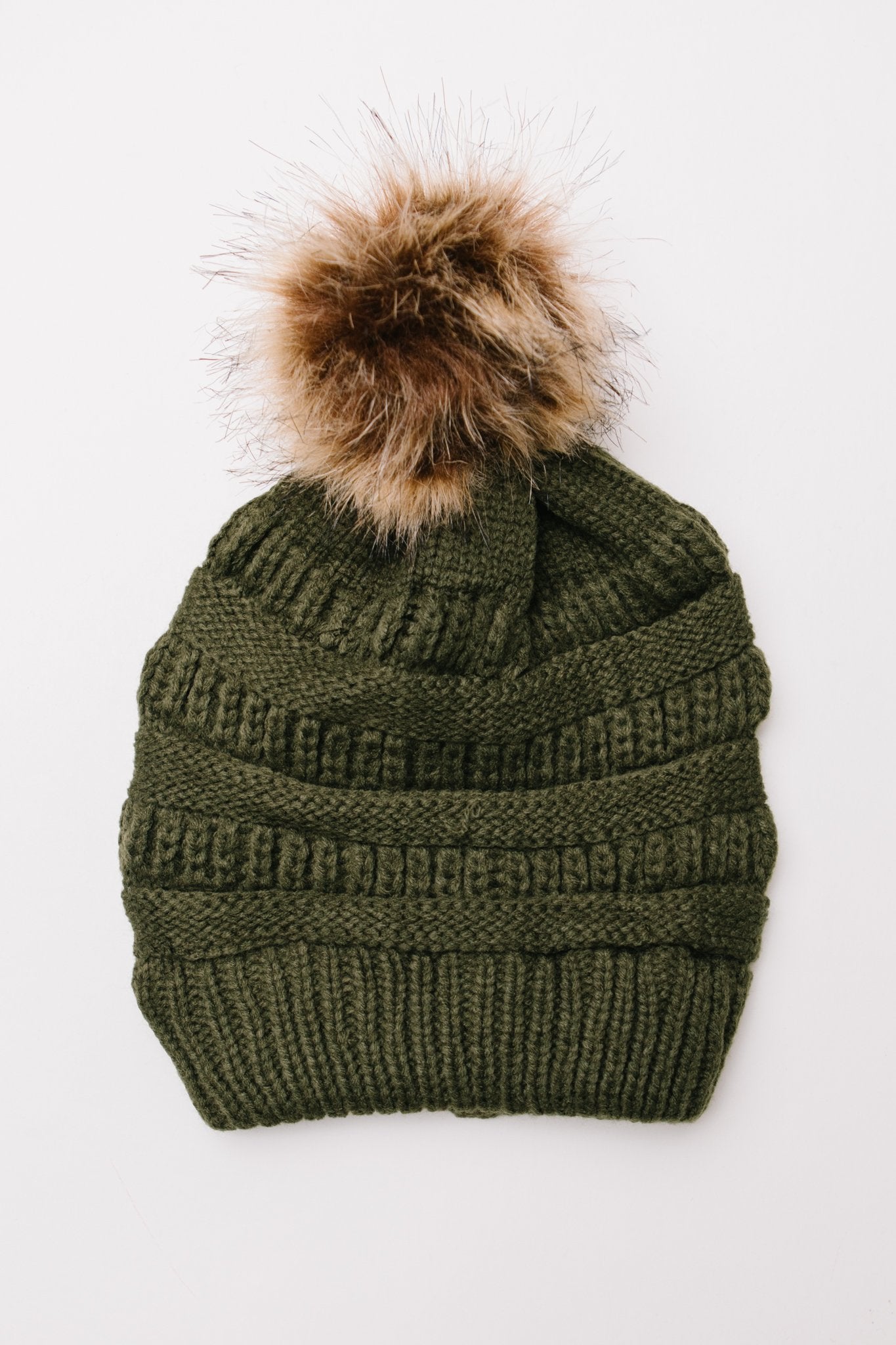 Faux Fur Pom Pom Beanie In Olive
